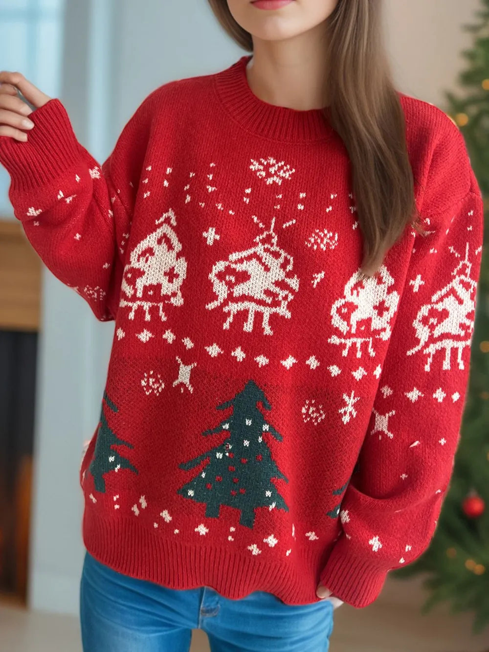 Wicked Thread Society red Christmas sweater with white holiday patterns and green trees, round neck long sleeve knit