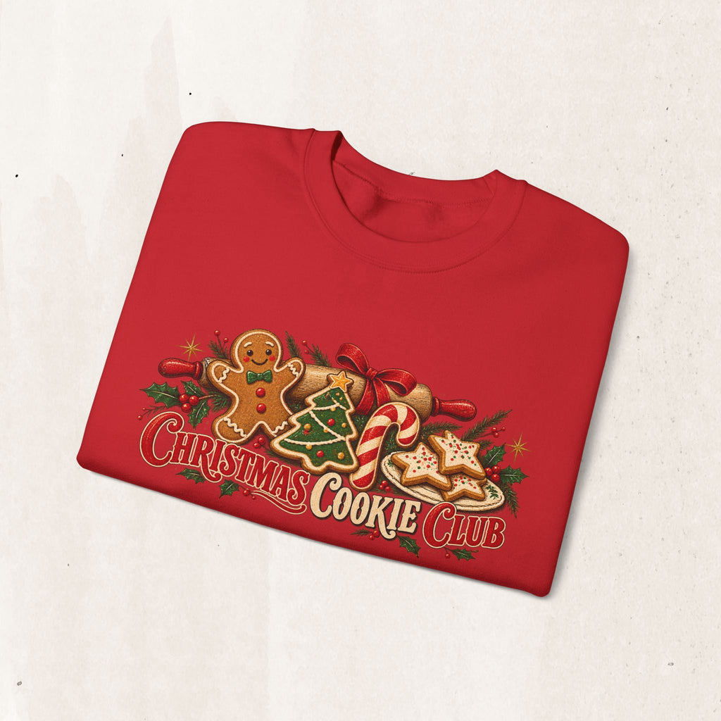 Wicked Thread Society red crewneck sweatshirt featuring a festive Christmas Cookie Club graphic with holiday treats.