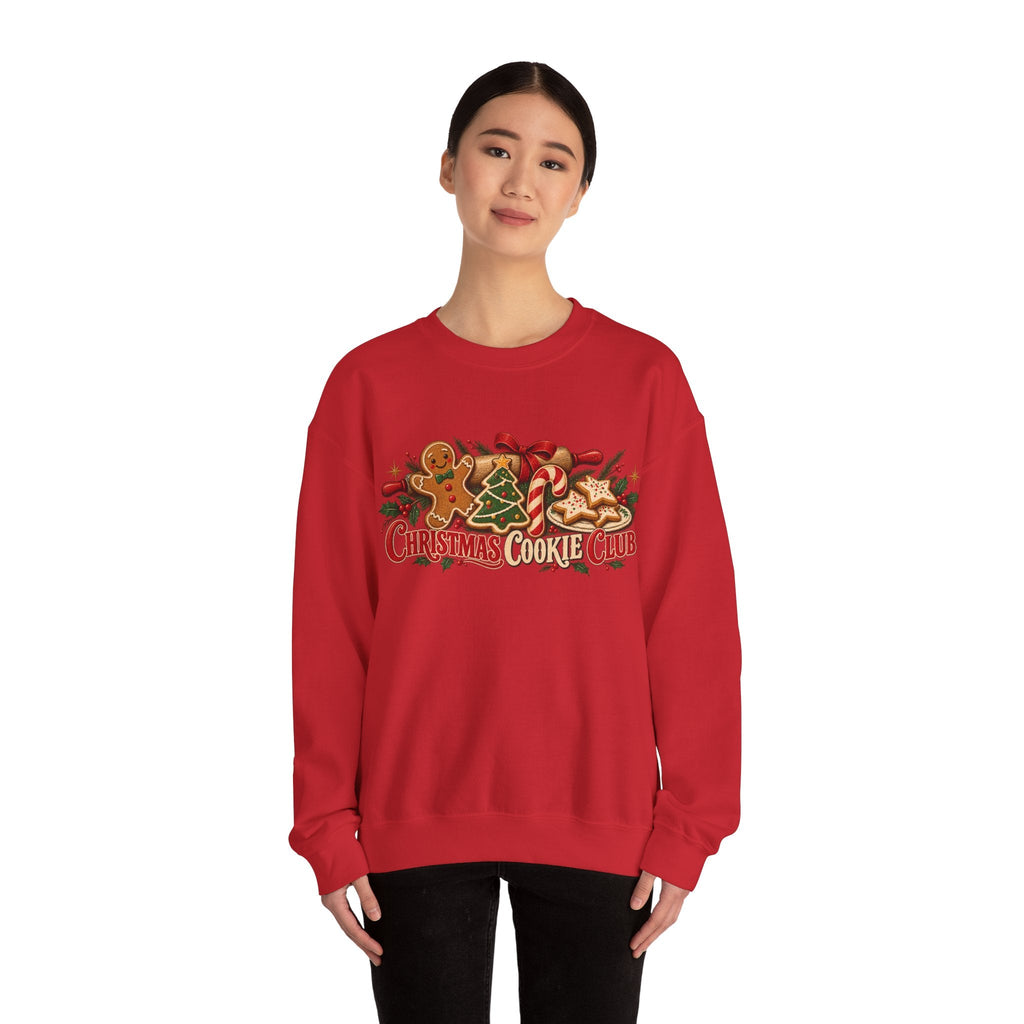 Wicked Thread Society red crewneck sweatshirt featuring a festive Christmas Cookie Club graphic with gingerbread men.