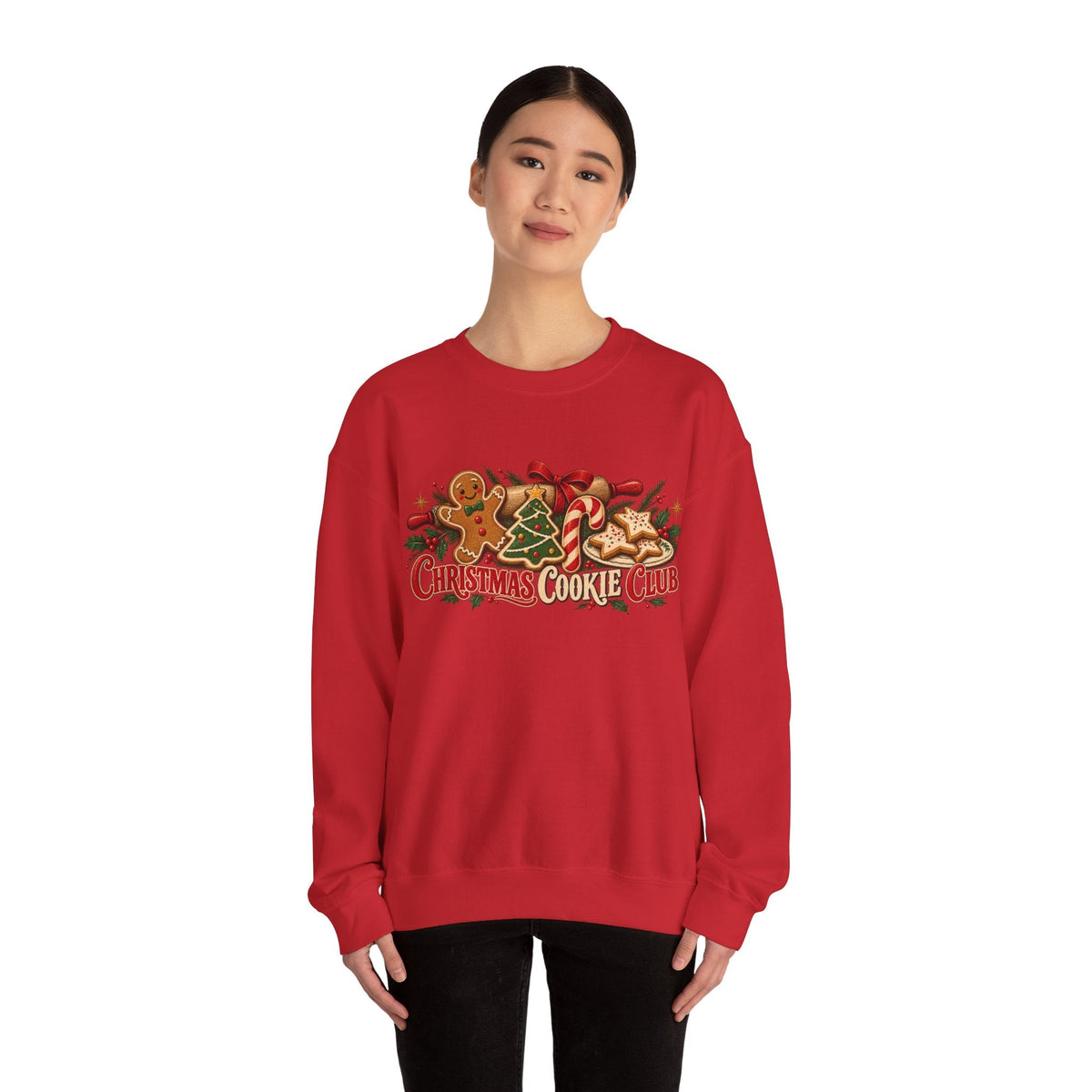 Wicked Thread Society red crewneck sweatshirt featuring a festive Christmas Cookie Club graphic with gingerbread men.