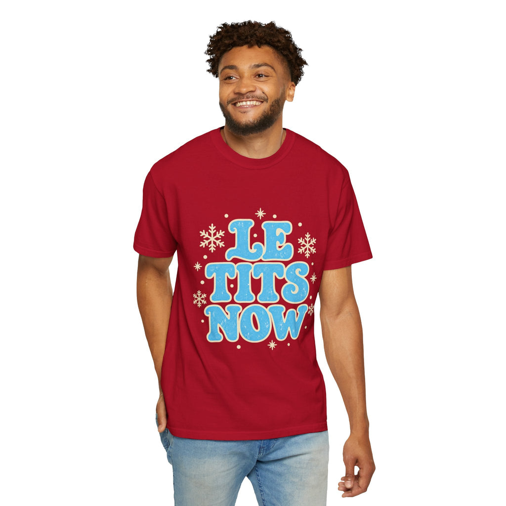 Wicked Thread Society red graphic tee with blue Le Tits Now text and snowflake accents worn by a smiling man