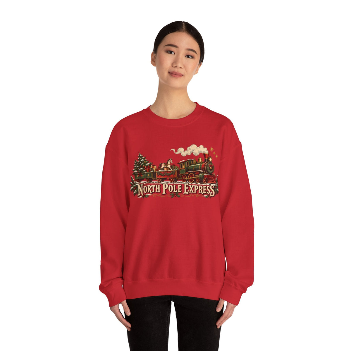 Wicked Thread Society red crewneck sweatshirt featuring a vintage North Pole Express steam train holiday graphic.