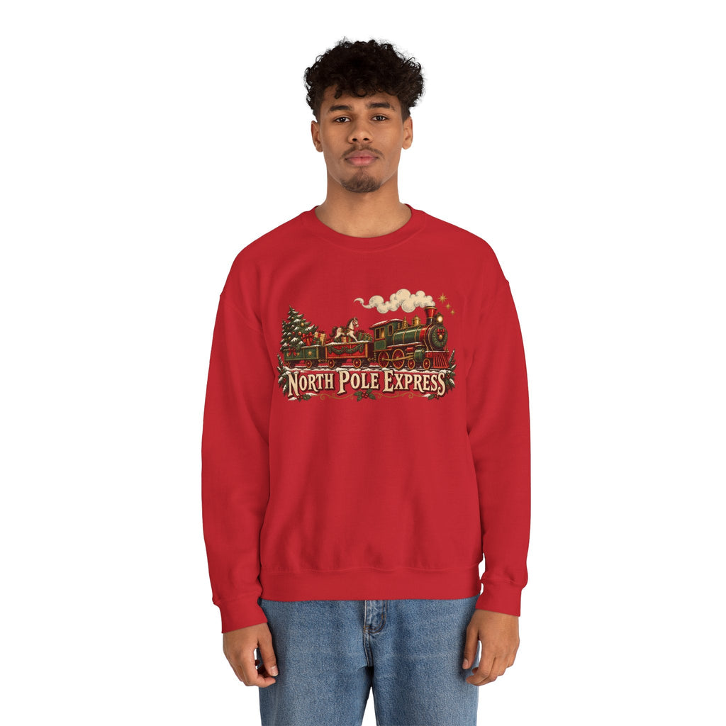 Wicked Thread Society red crewneck sweatshirt featuring a vintage North Pole Express steam train holiday graphic.