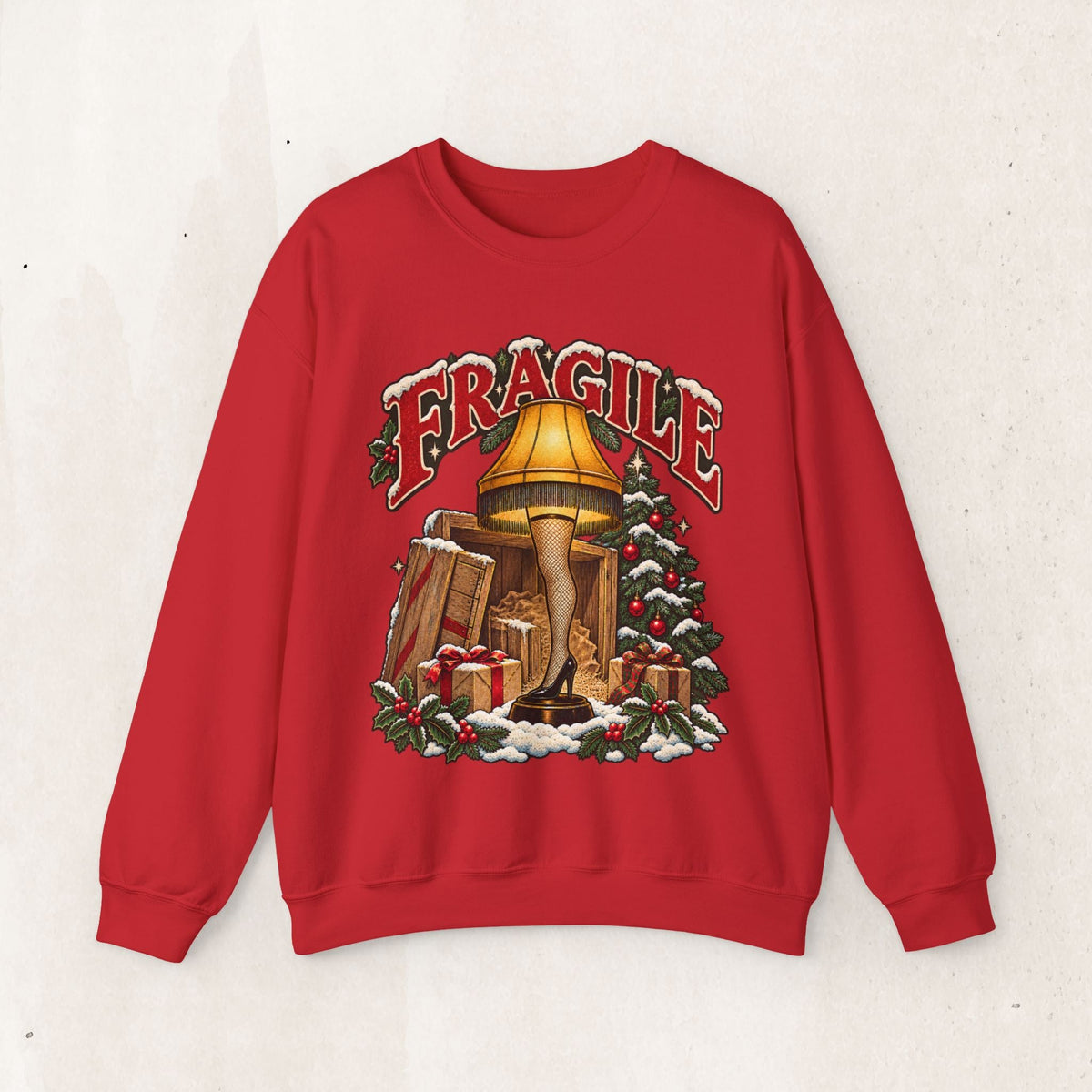Wicked Thread Society red crewneck sweatshirt featuring a vintage A Christmas Story leg lamp graphic with Fragile text