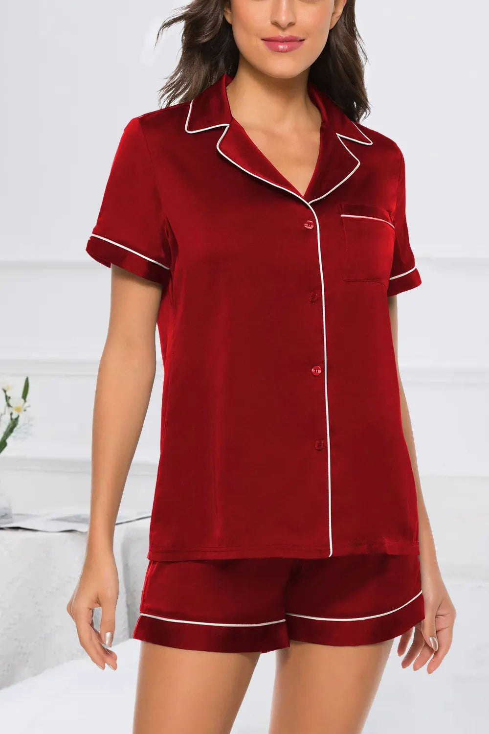 Wicked Thread Society red button-up pajama set with white piping trim on short sleeve top and matching shorts