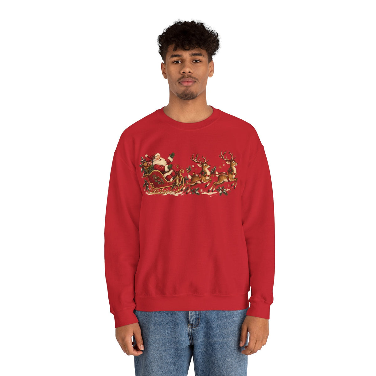 Wicked Thread Society red crewneck sweatshirt featuring a vintage Santa Claus and reindeer sleigh holiday print.