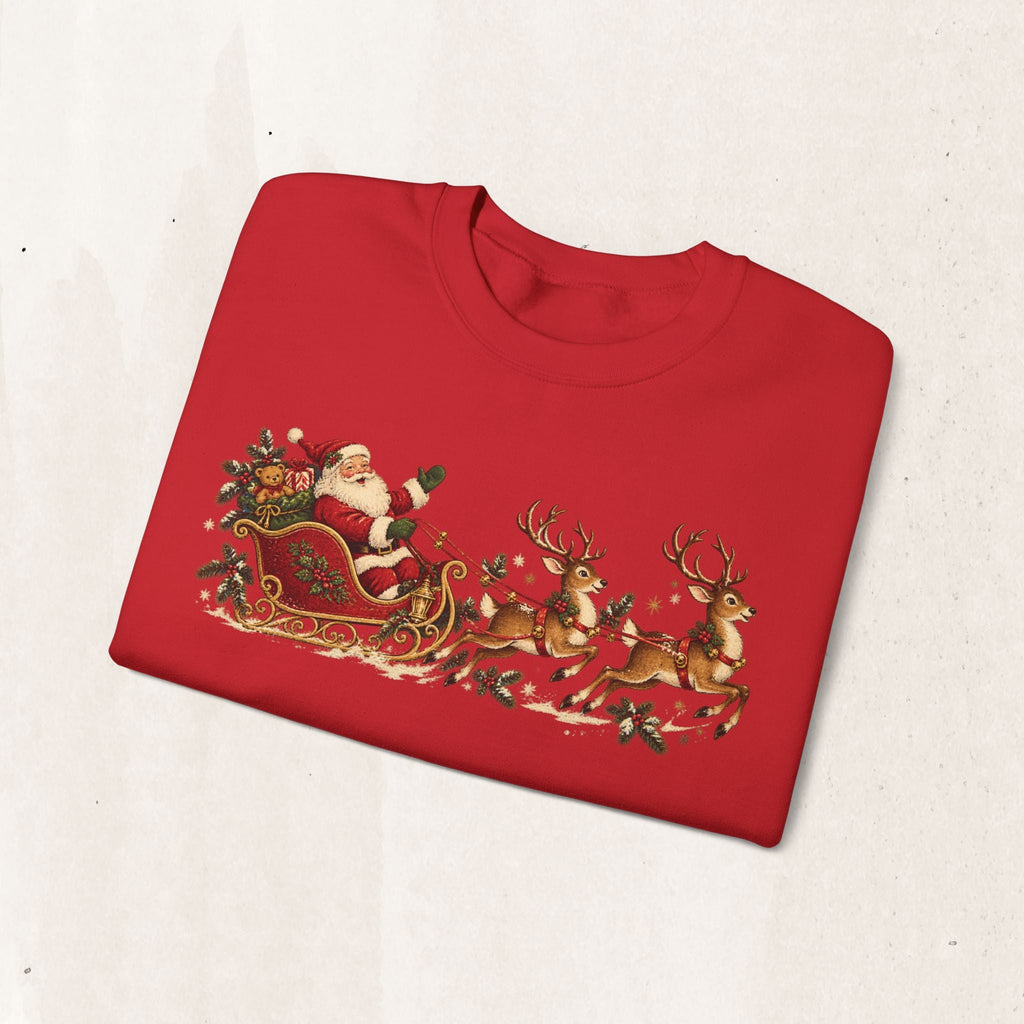 Wicked Thread Society red crewneck sweatshirt featuring a vintage-style Santa in a sleigh with reindeer print