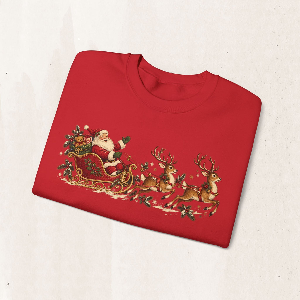 Wicked Thread Society red crewneck sweatshirt featuring a vintage-style Santa in a sleigh with reindeer print