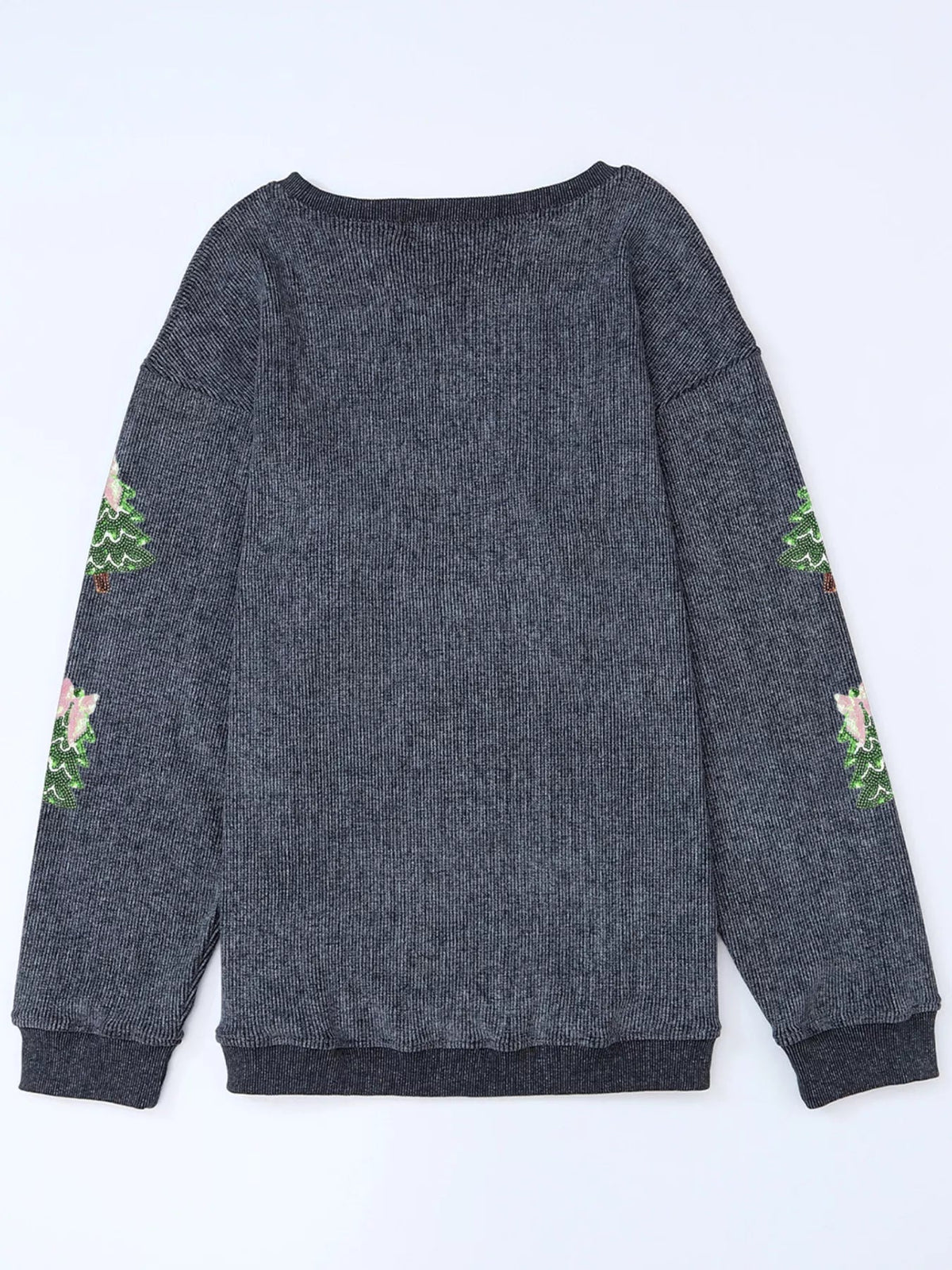 Wicked Thread Society charcoal grey ribbed sweatshirt with sequin Christmas tree patches on the sleeves