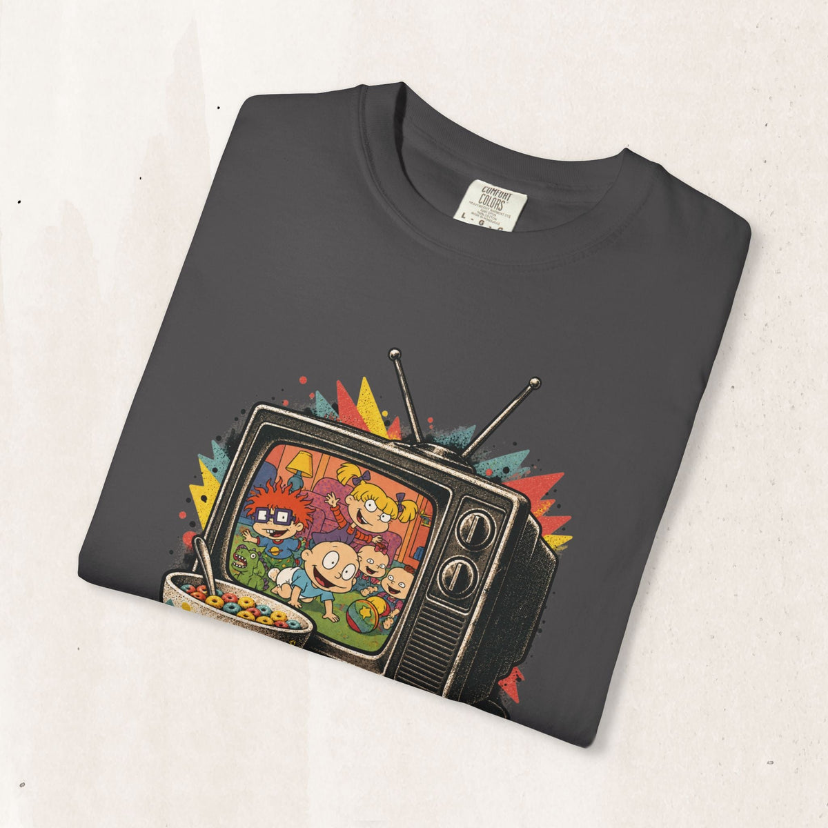 Wicked Thread Society charcoal grey graphic tee featuring a nostalgic Rugrats cartoon print on a retro television set.