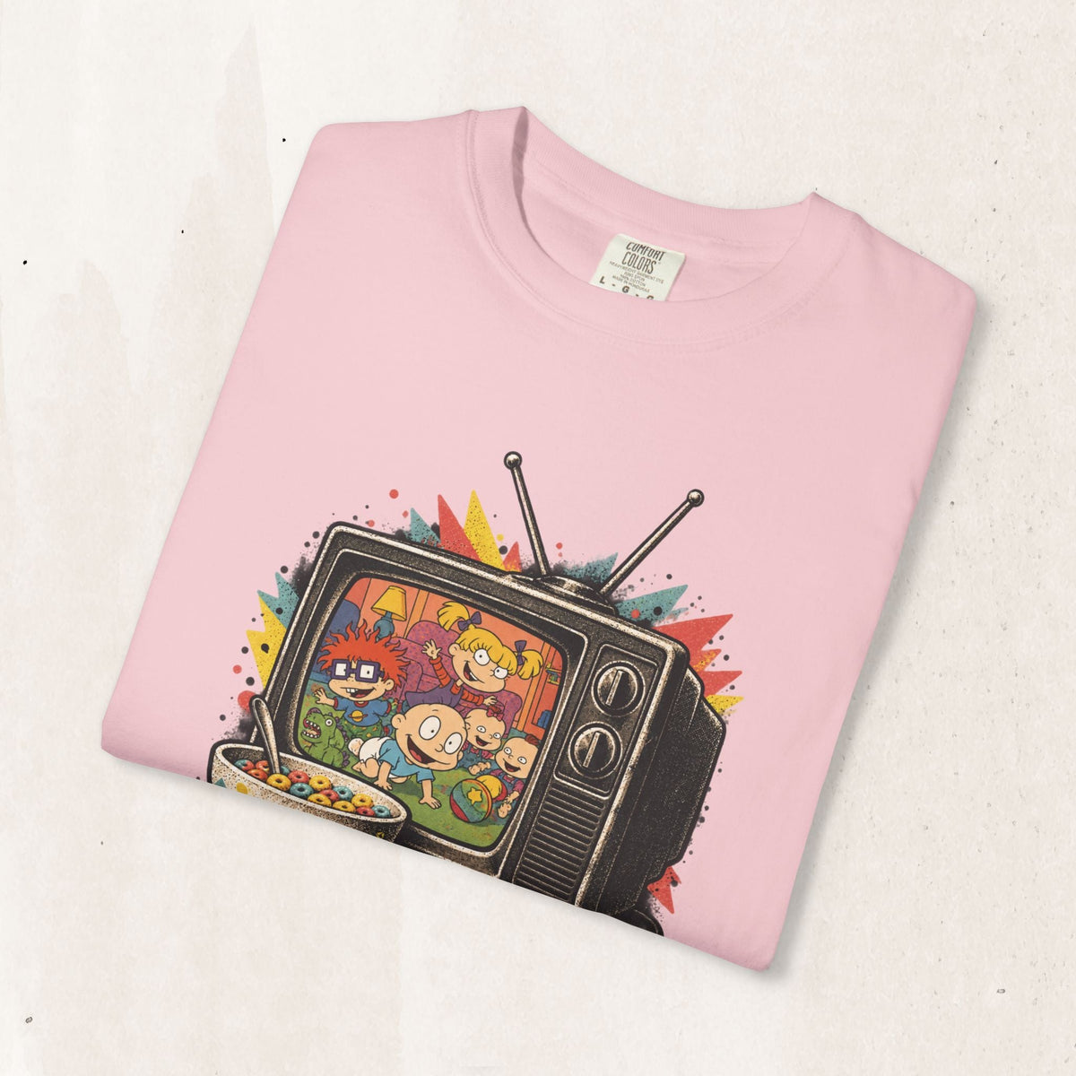 Wicked Thread Society light pink Rugrats graphic tee featuring a retro television set with 90s cartoon characters.
