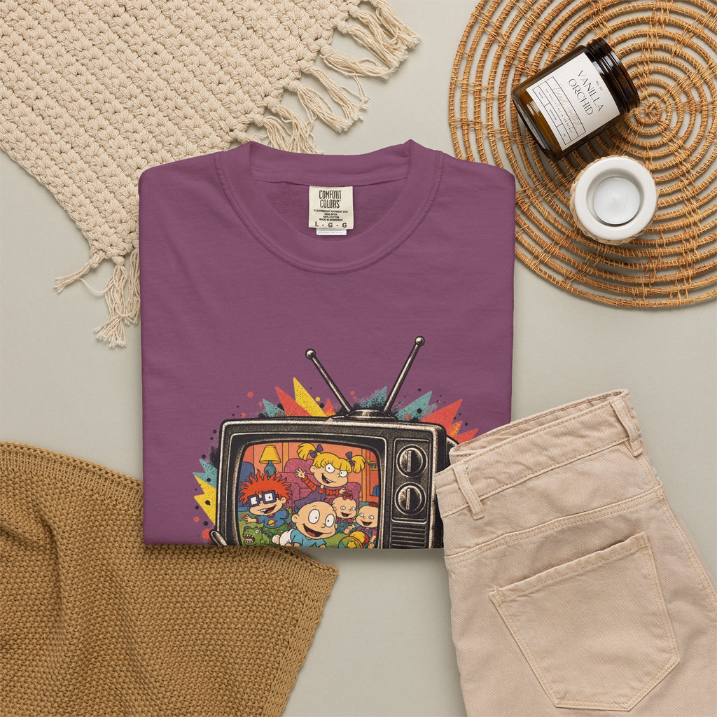 Wicked Thread Society purple Rugrats graphic tee featuring a retro TV design with childhood characters