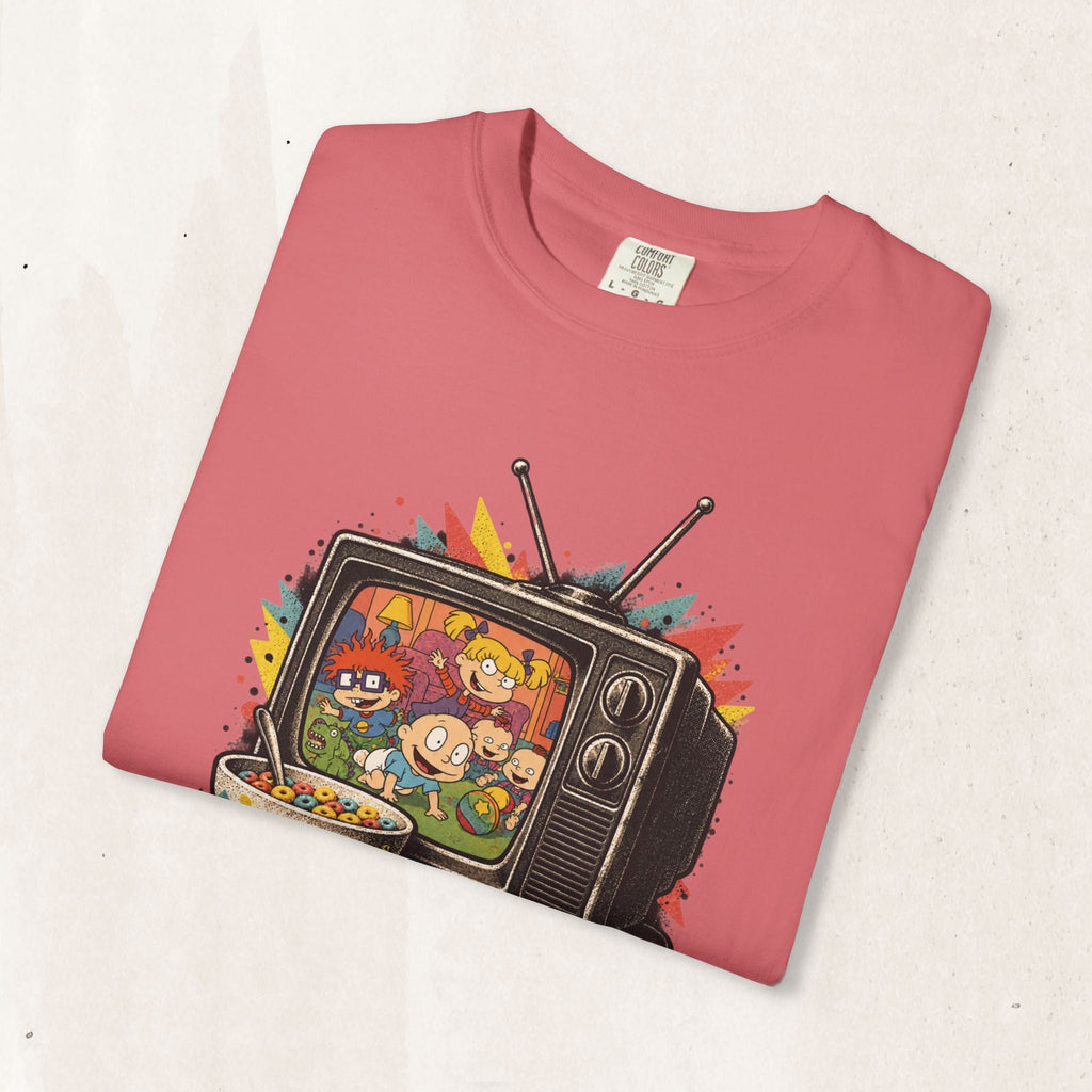 Wicked Thread Society pink graphic t-shirt featuring a retro television screen with Rugrats characters and cereal