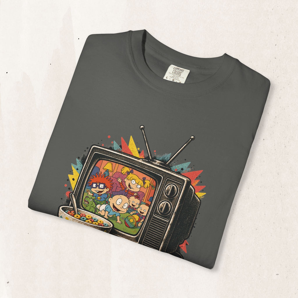 Wicked Thread Society charcoal grey graphic t-shirt featuring a retro TV screen with Rugrats characters and cereal.