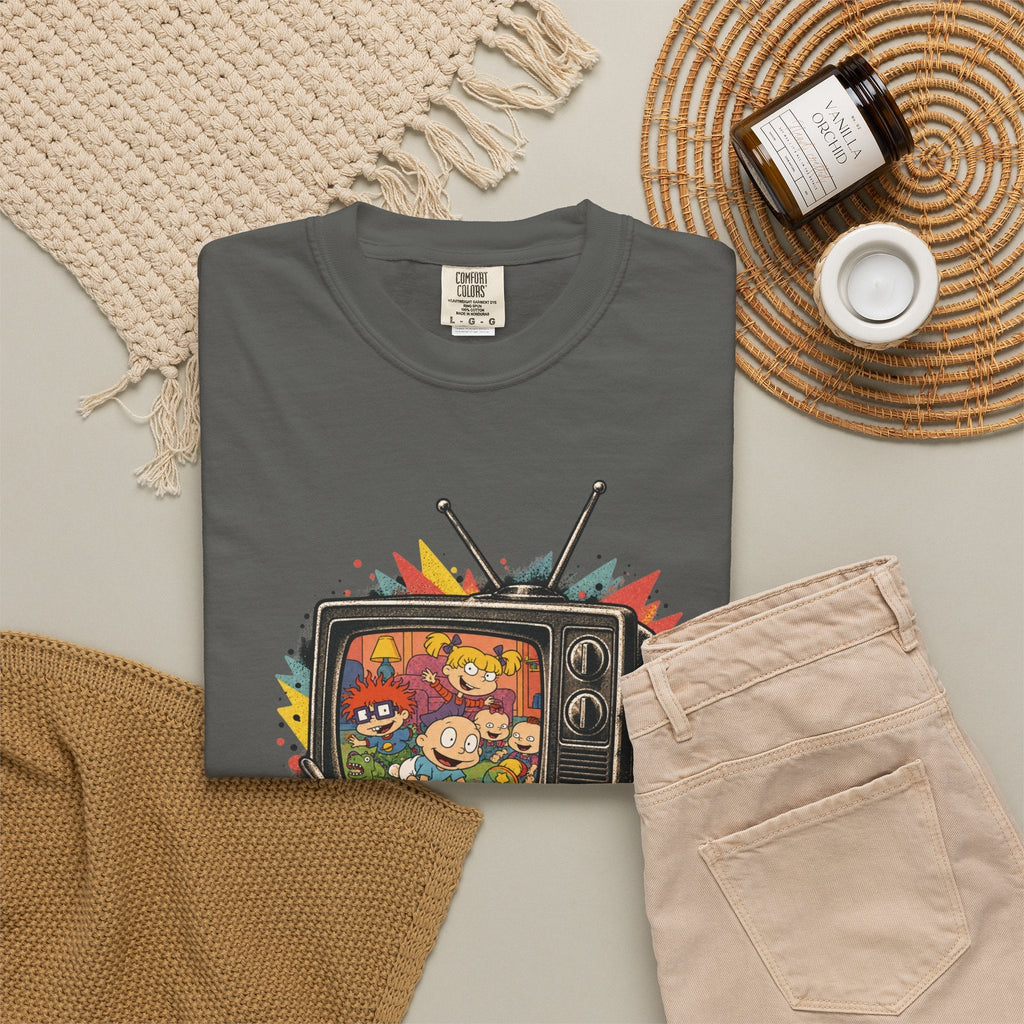Wicked Thread Society charcoal grey Rugrats graphic t-shirt featuring 90s cartoon characters on a retro TV screen
