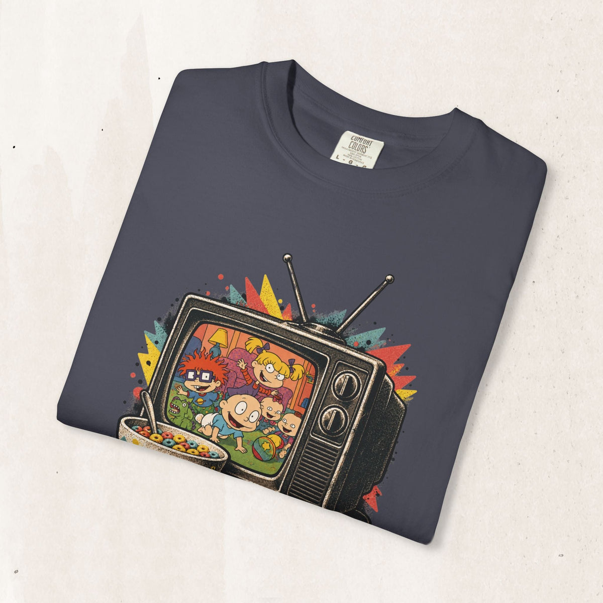 Wicked Thread Society charcoal grey cotton t-shirt featuring a colorful Rugrats retro TV graphic print.