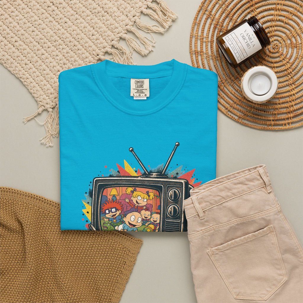 Wicked Thread Society blue Rugrats graphic tee featuring a retro TV design with childhood characters on a flat lay.