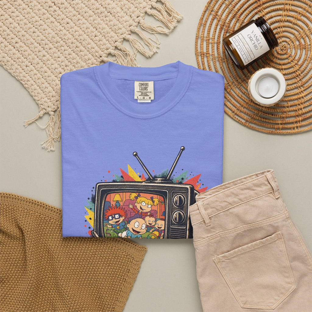 Wicked Thread Society periwinkle blue Rugrats graphic tee featuring a retro TV print on a flat lay background.
