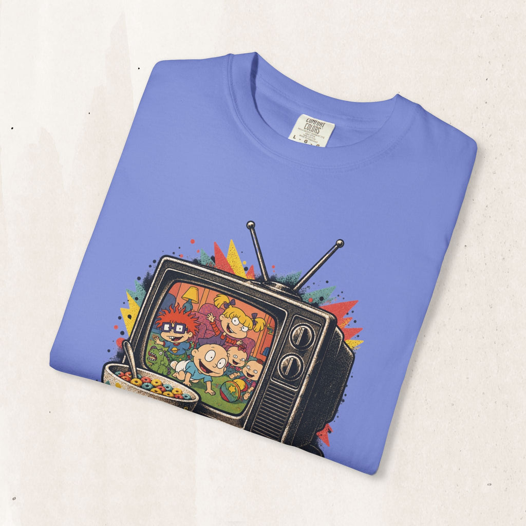 Wicked Thread Society blue graphic t-shirt featuring a retro television with Rugrats characters and cereal bowl