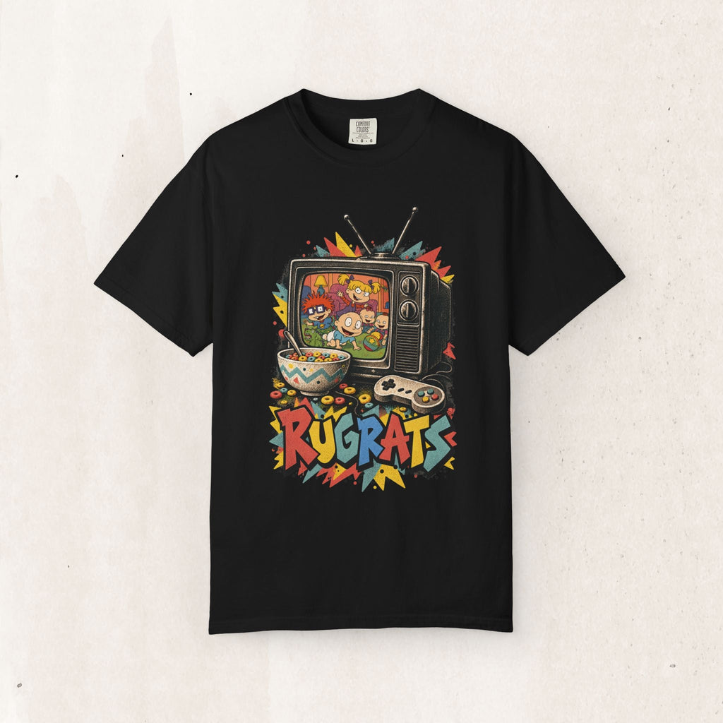 Wicked Thread Society black cotton t-shirt featuring a colorful Rugrats retro TV graphic print with 90s cartoon theme