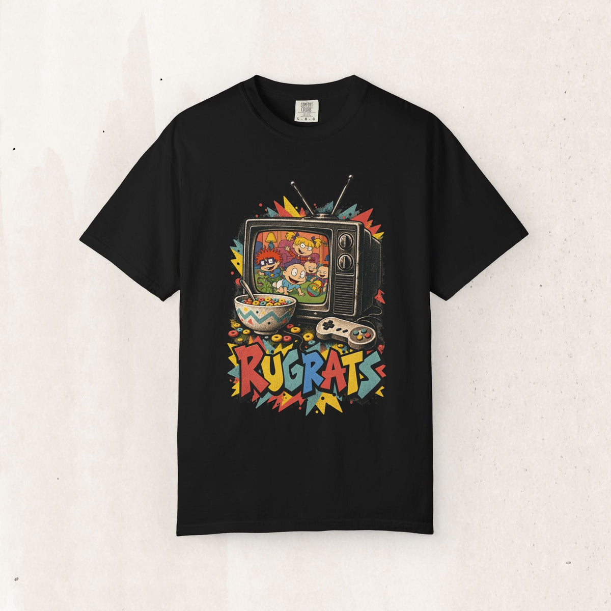 Wicked Thread Society black cotton t-shirt featuring a colorful Rugrats retro TV graphic print with 90s cartoon theme