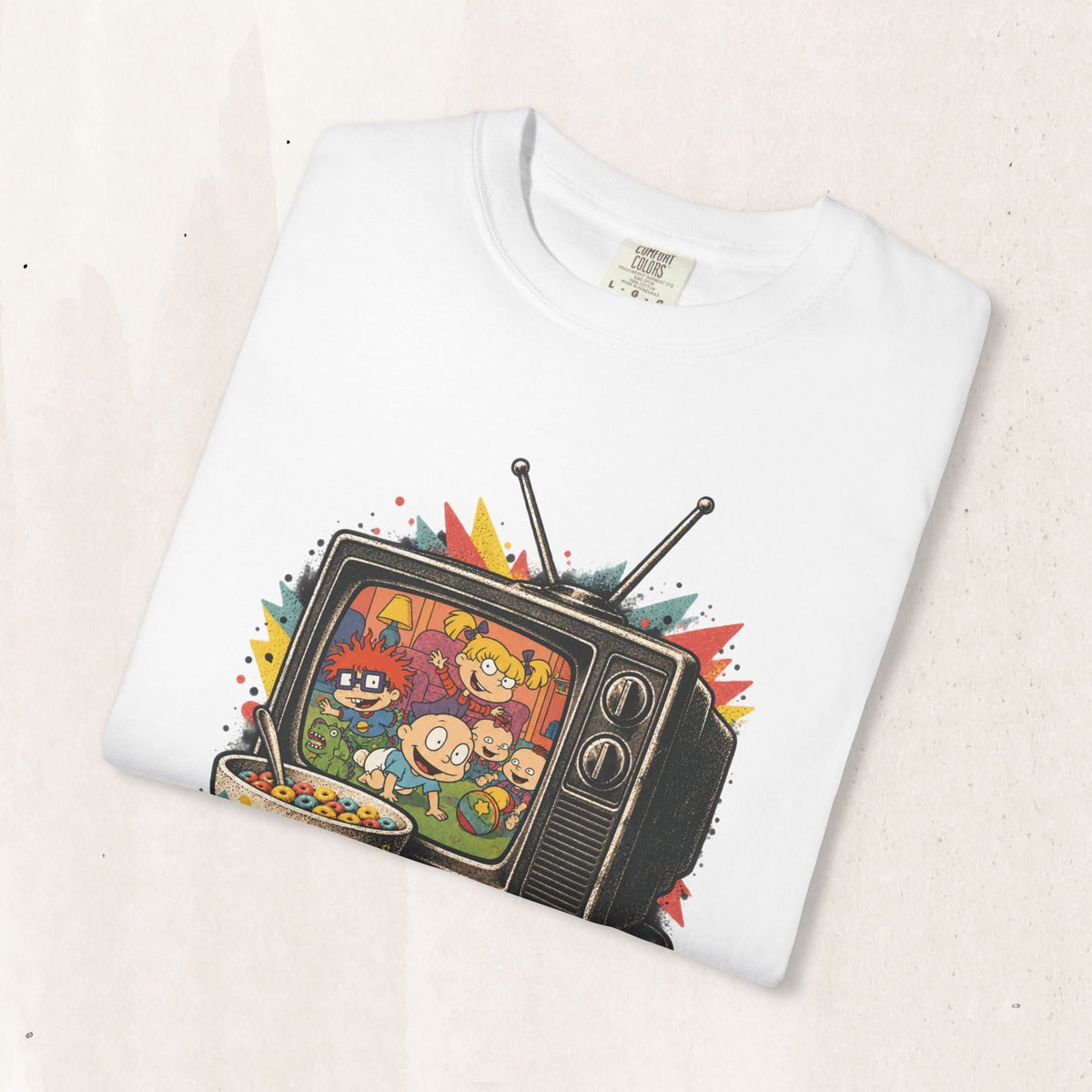 Wicked Thread Society white cotton graphic tee featuring a nostalgic Rugrats characters on a retro television set