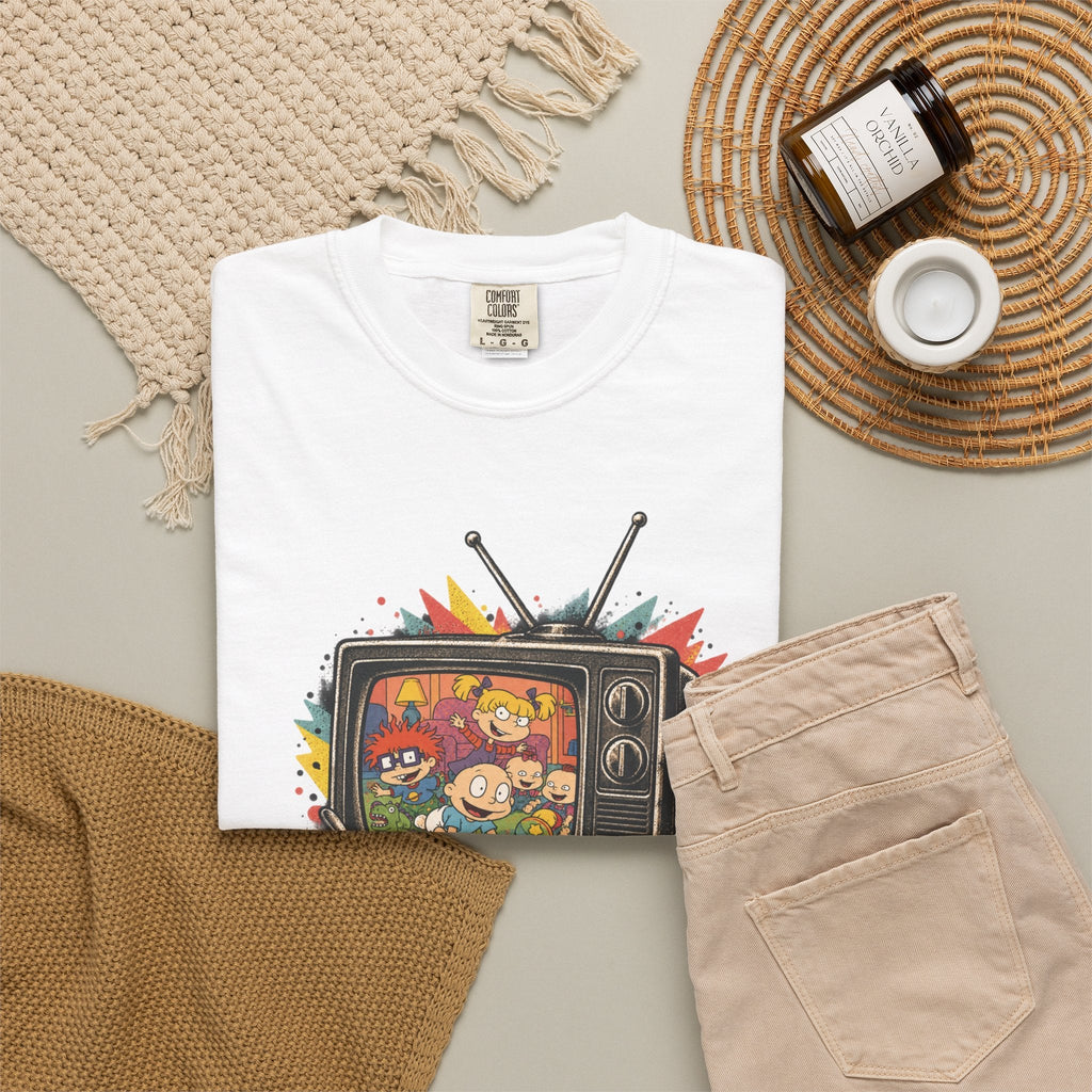 Wicked Thread Society white cotton graphic tee featuring a nostalgic Rugrats characters on a retro TV screen print.