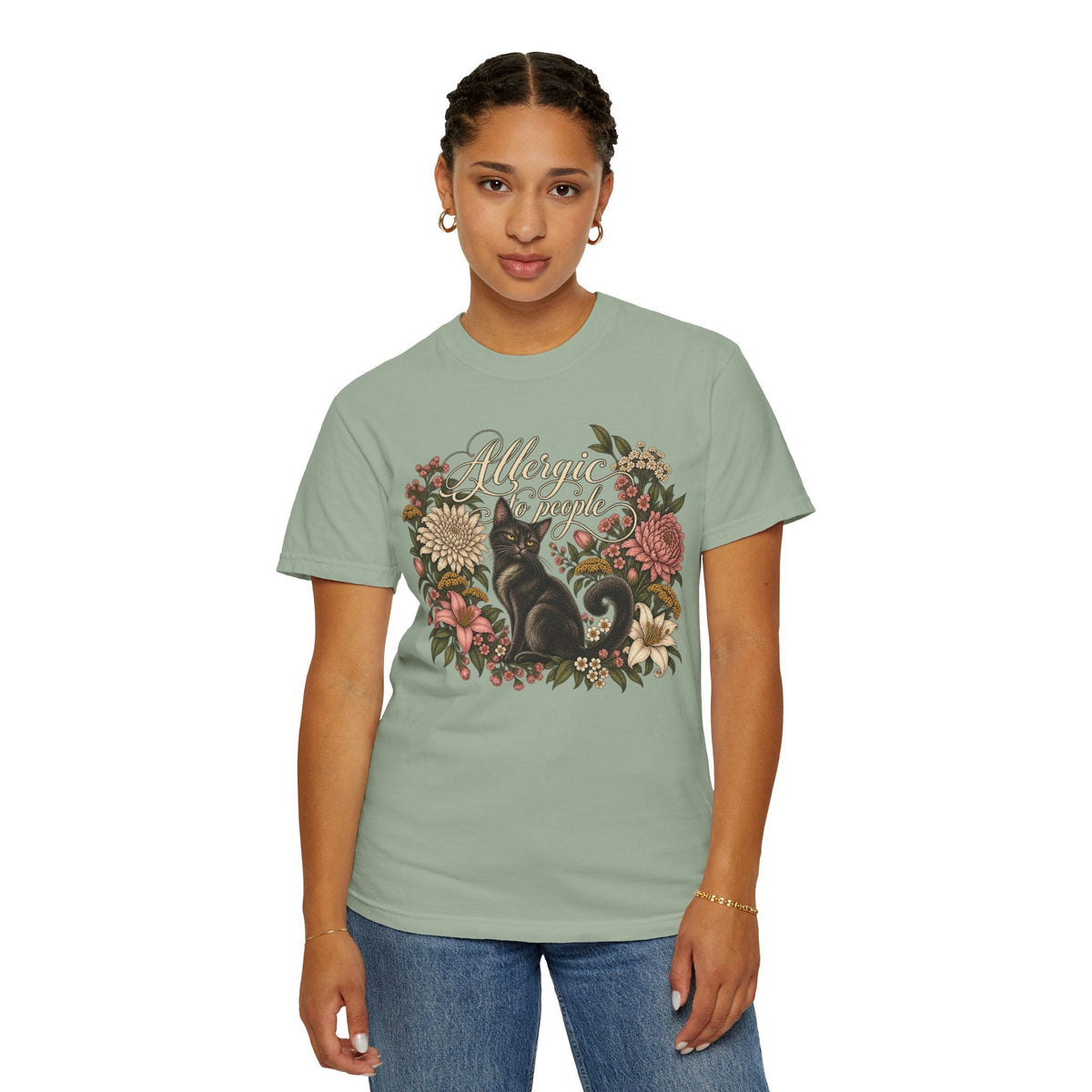 Wicked Thread Society sage green t-shirt featuring a black cat illustration and floral wreath with script text.