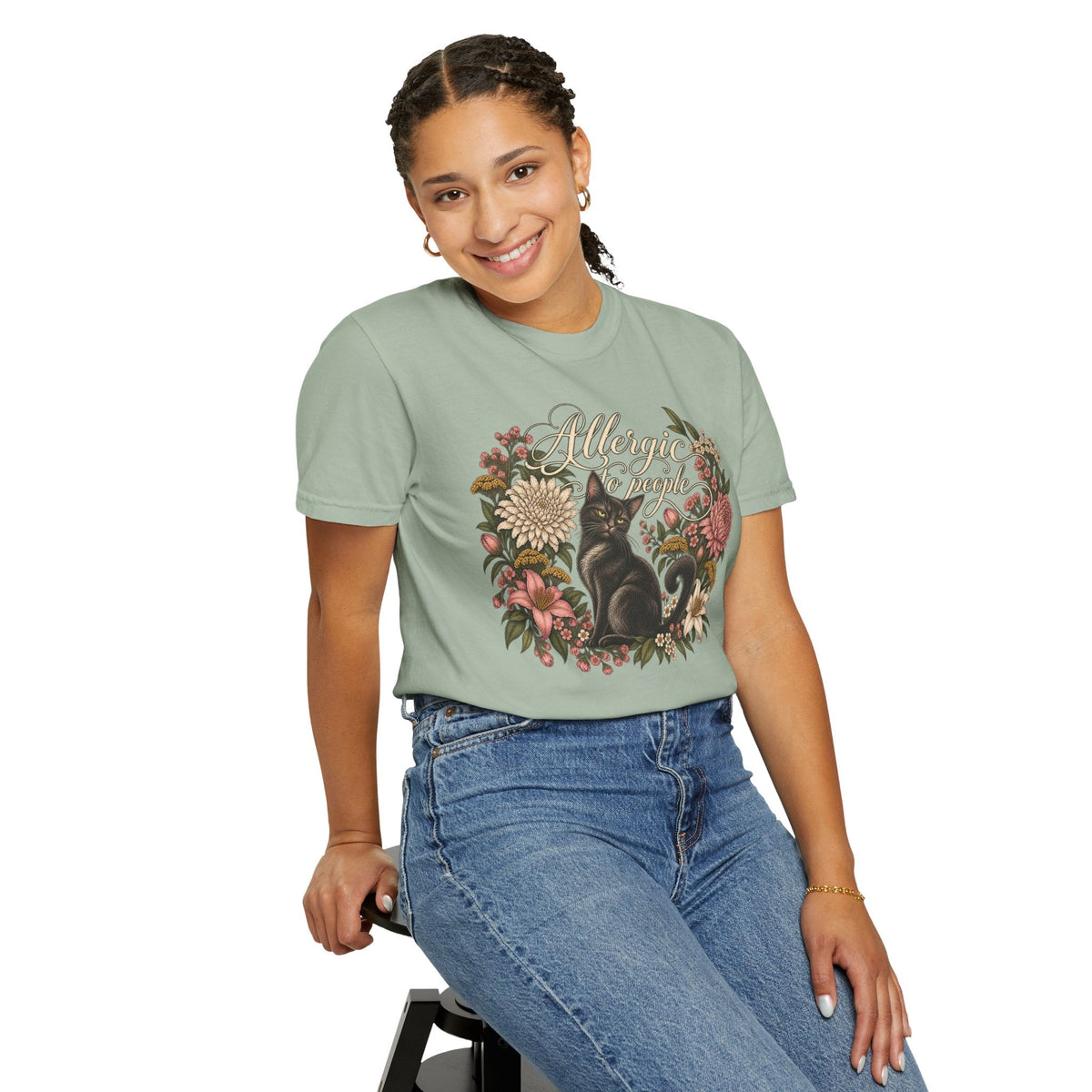 Wicked Thread Society sage green graphic t-shirt featuring a black cat and floral wreath with Allergic to People text