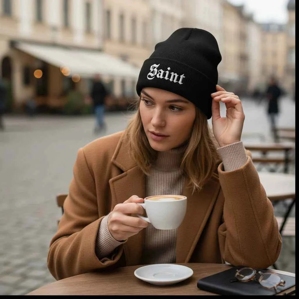Saint Embroidered Cuffed Beanie in Black, alternate view