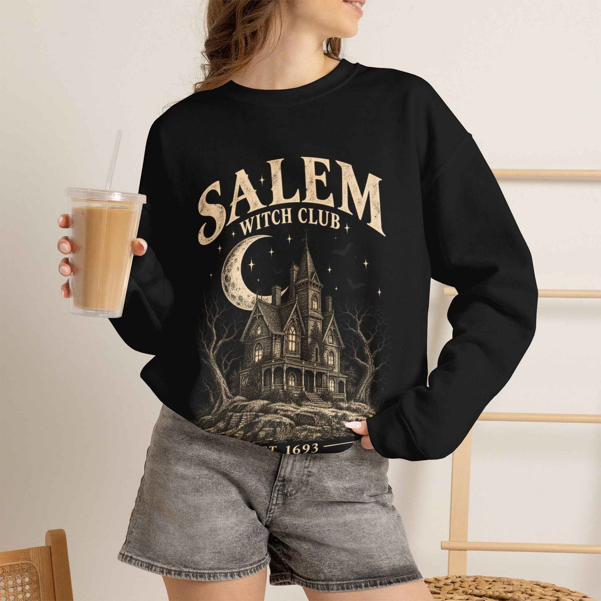 Salem Witch Club Haunted House Crewneck Sweatshirt in Dark Heather, alternate view