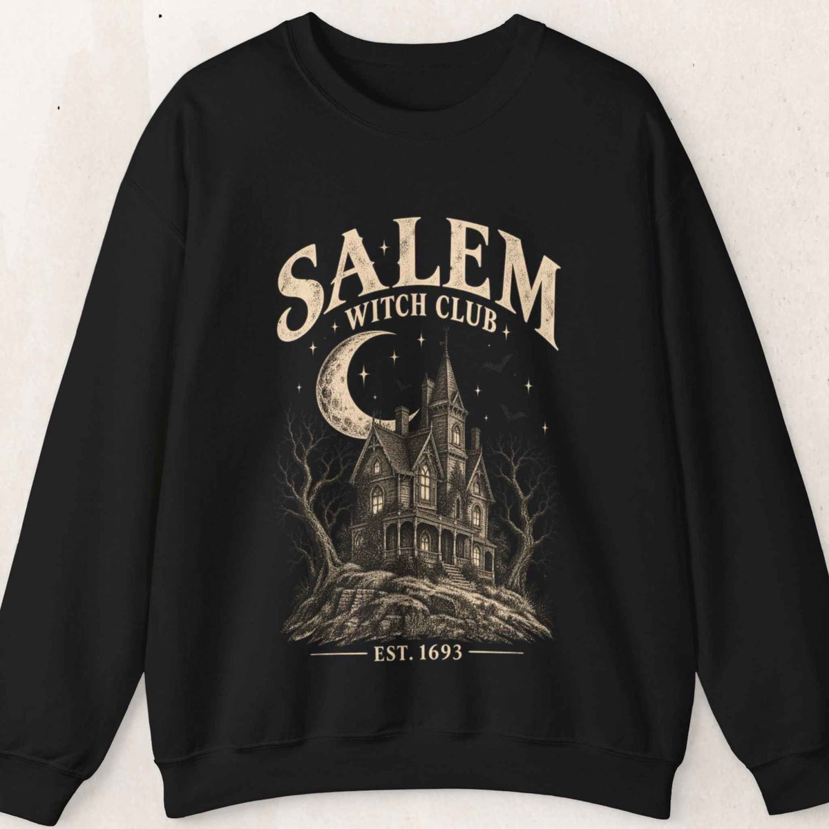 Salem Witch Club Haunted House Crewneck Sweatshirt – Black