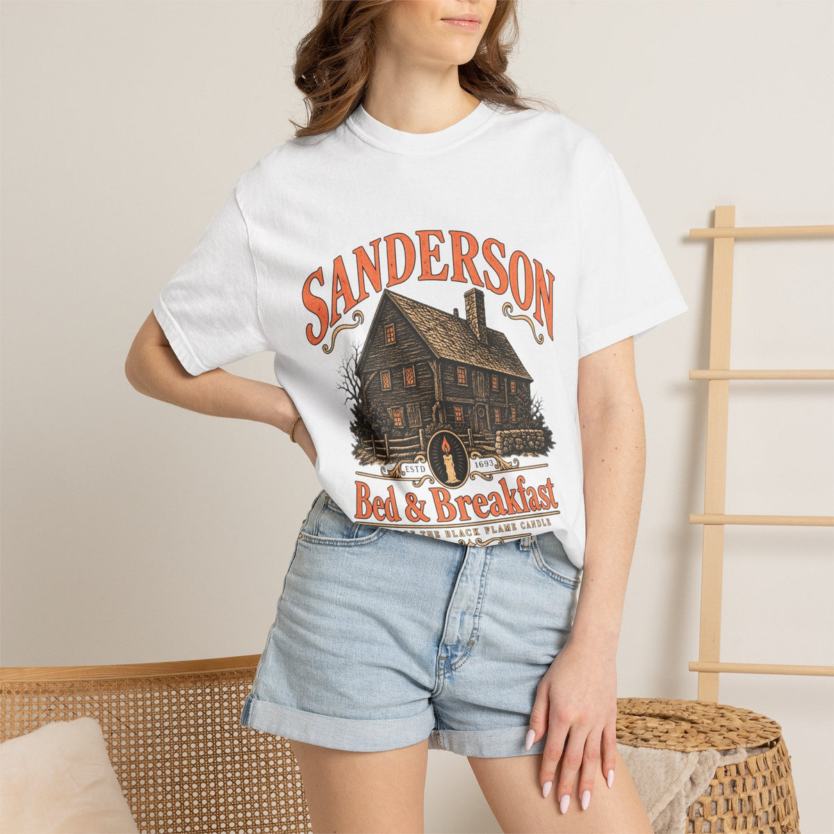 Wicked Thread Society white heavyweight cotton t-shirt featuring a vintage Sanderson Bed & Breakfast house graphic.