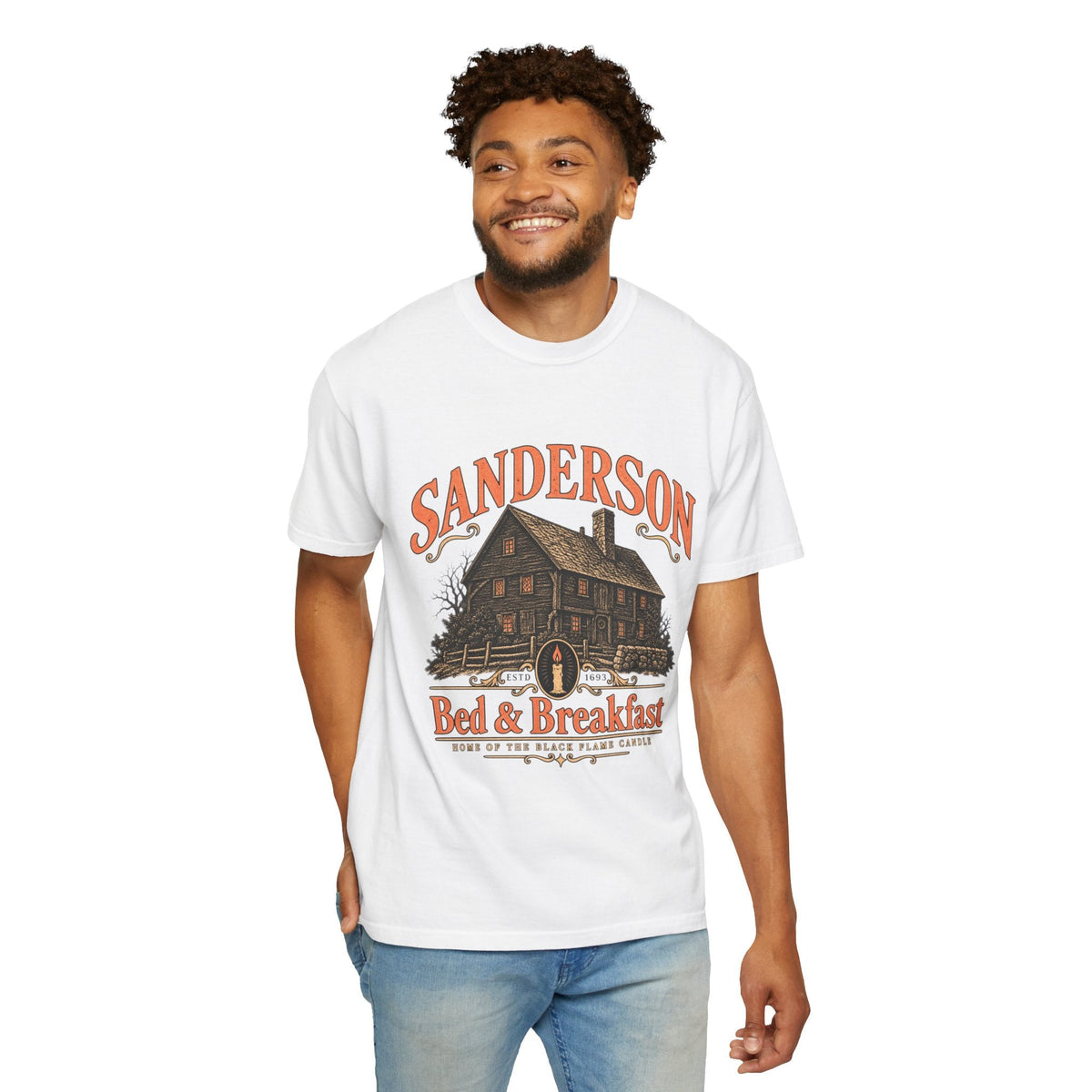 Wicked Thread Society white heavyweight cotton t-shirt featuring a vintage Sanderson Bed & Breakfast house graphic.