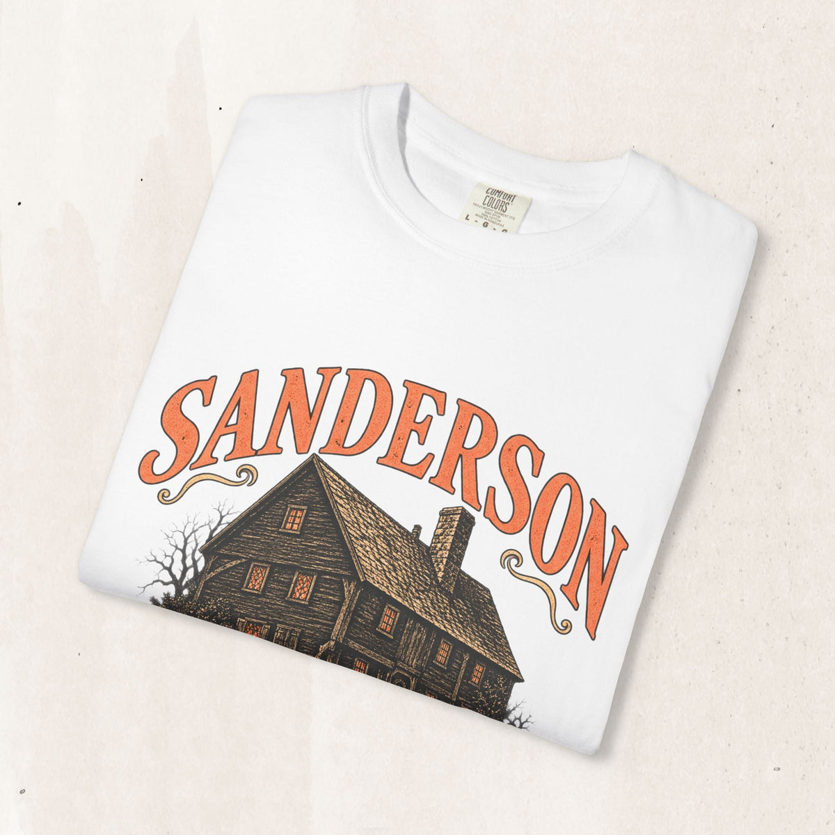 Wicked Thread Society white heavyweight cotton t-shirt with Sanderson Bed & Breakfast vintage house graphic print