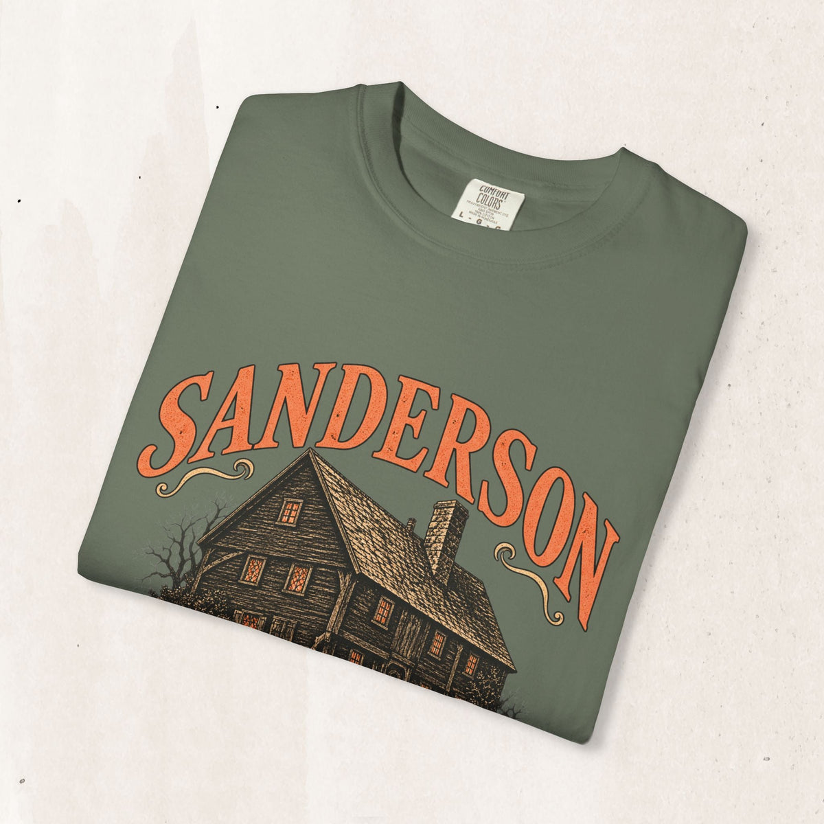Wicked Thread Society Sanderson Bed & Breakfast heavyweight cotton tee in olive green with vintage house graphic.