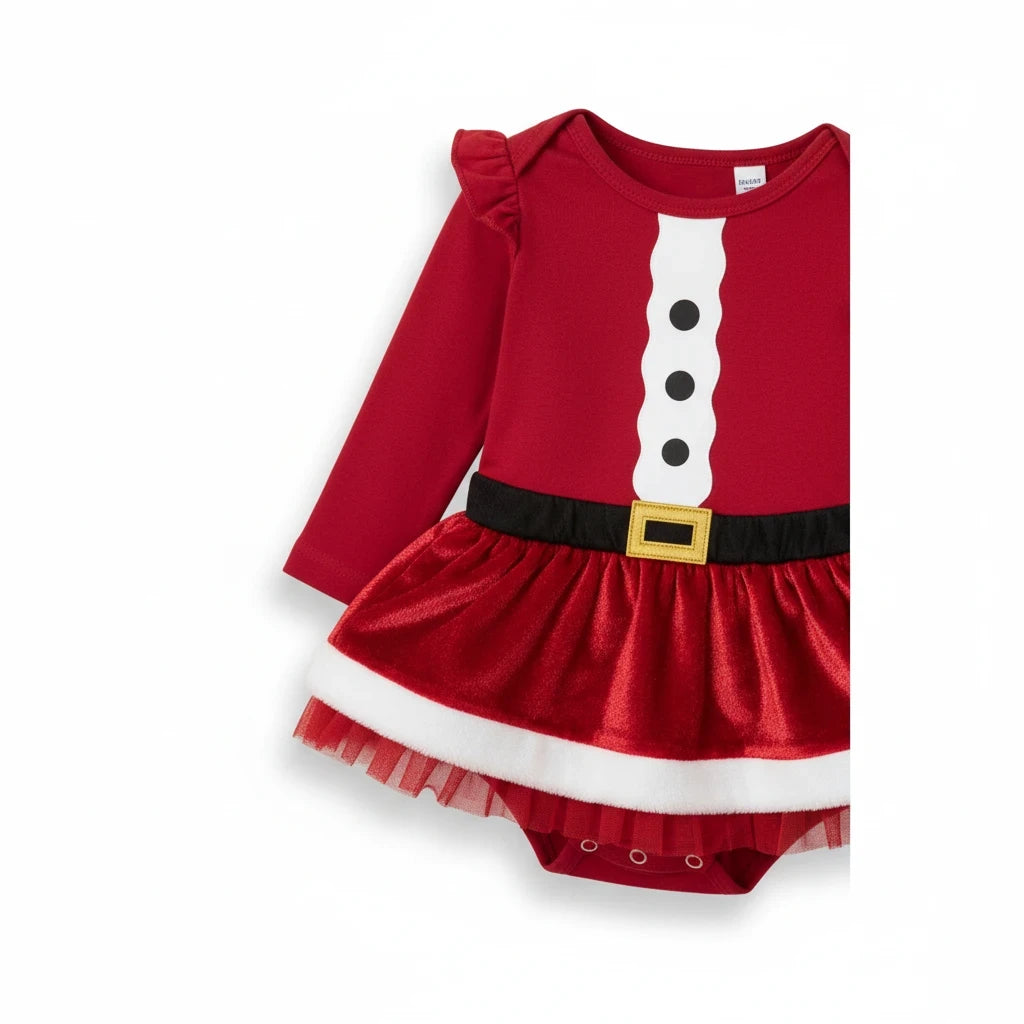 Baby Santa Bodysuit, Skirt & Bow Headband Christmas Set in Wine Red, alternate view