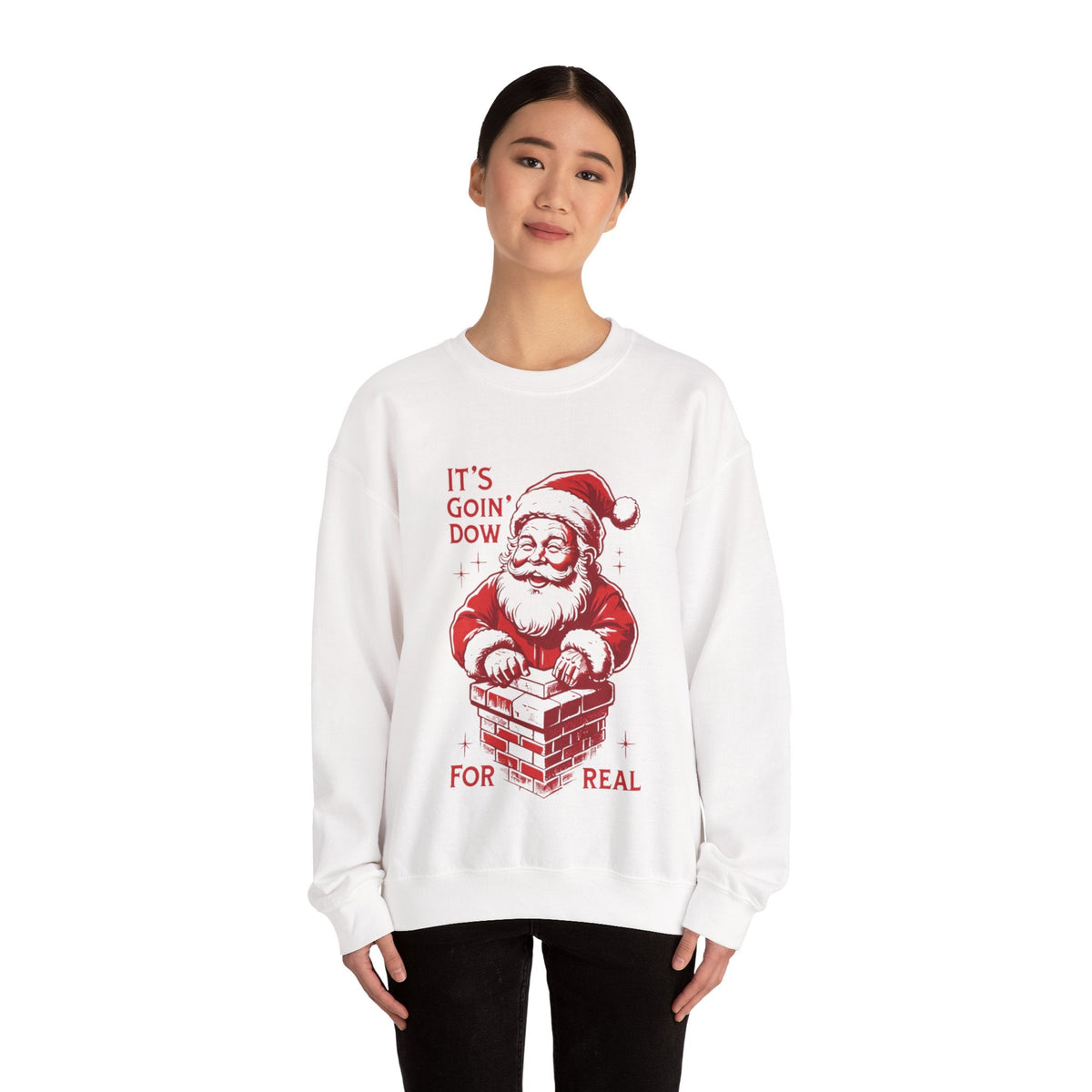 Wicked Thread Society white crewneck sweatshirt featuring a red graphic of Santa Claus entering a chimney
