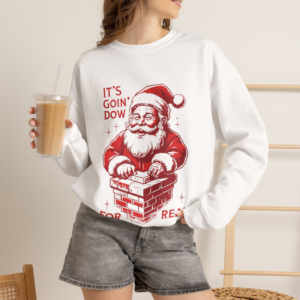 Wicked Thread Society white crewneck sweatshirt featuring a red Santa Claus graphic and festive holiday text