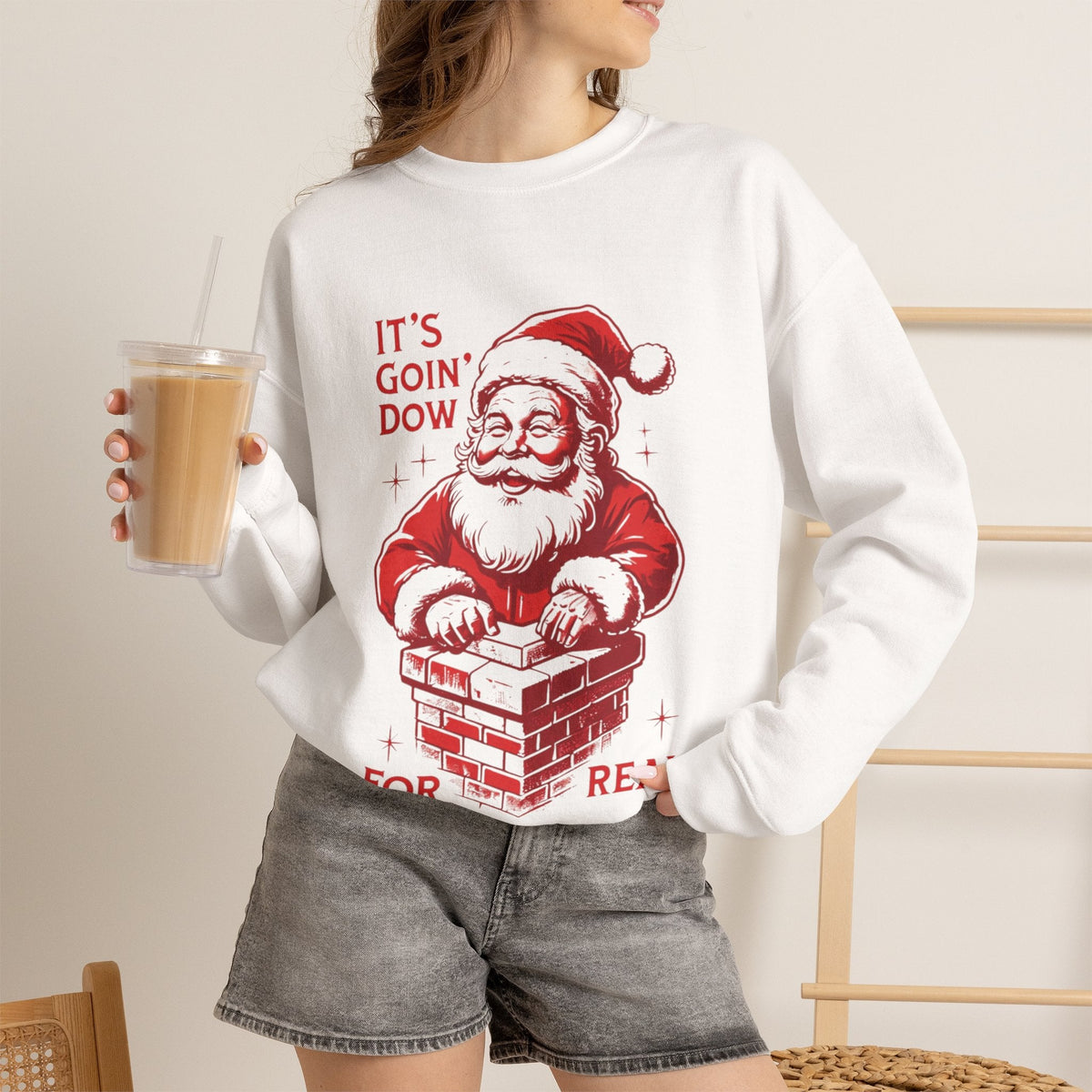 Wicked Thread Society white crewneck sweatshirt featuring a red Santa Claus graphic and festive holiday text