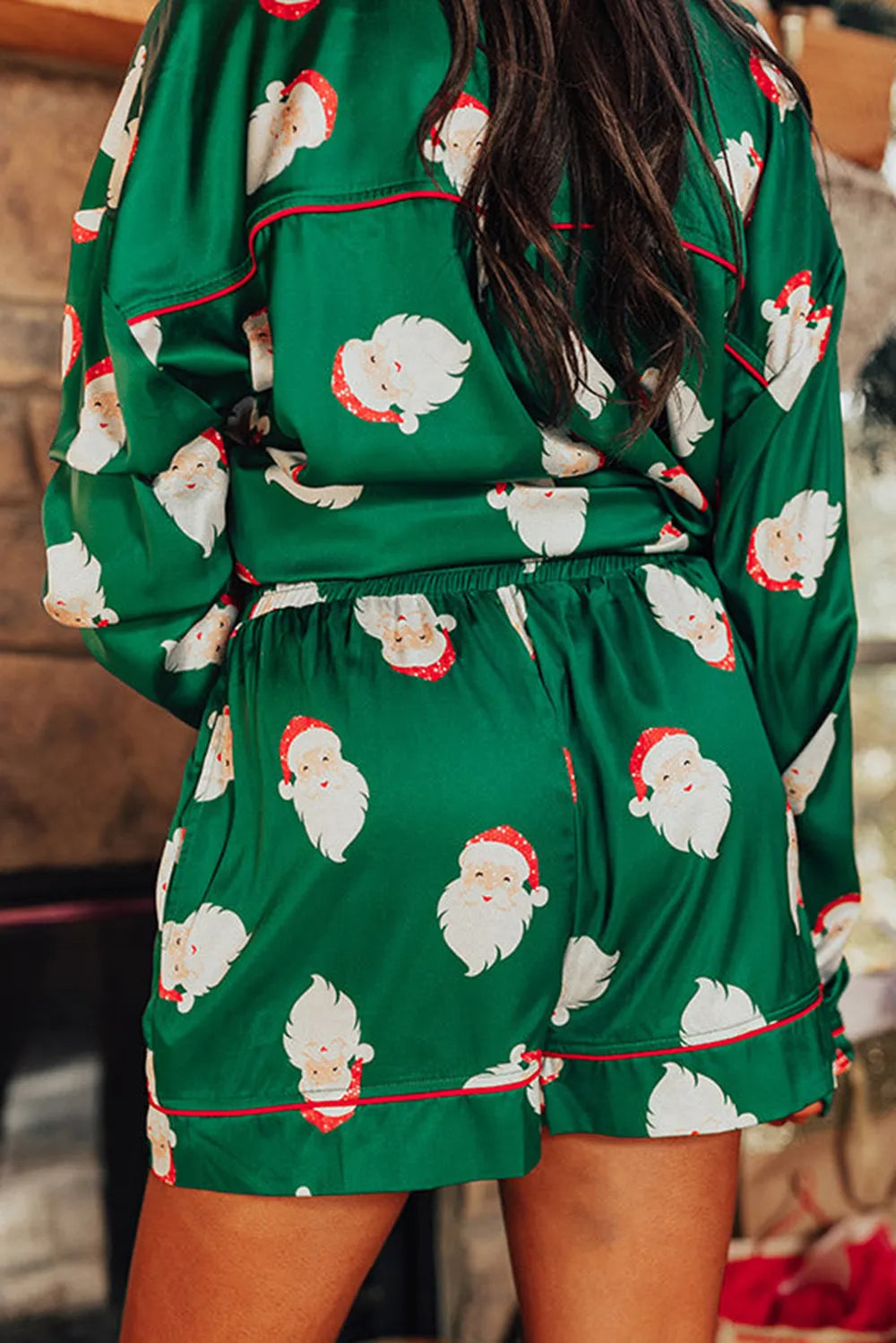Wicked Thread Society green Santa print long sleeve lounge set with shorts and red piping detail