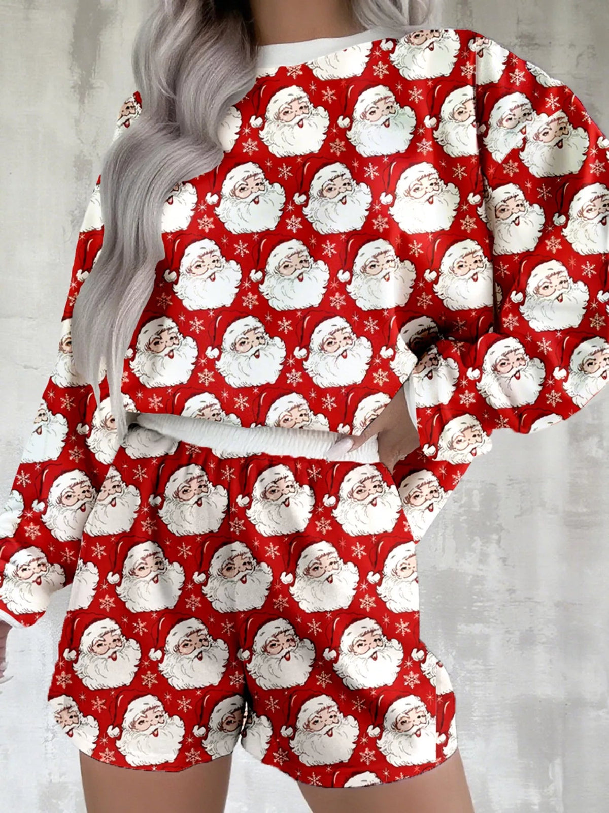 Wicked Thread Society red lounge set featuring a festive Santa Claus and snowflake print with a round neck top