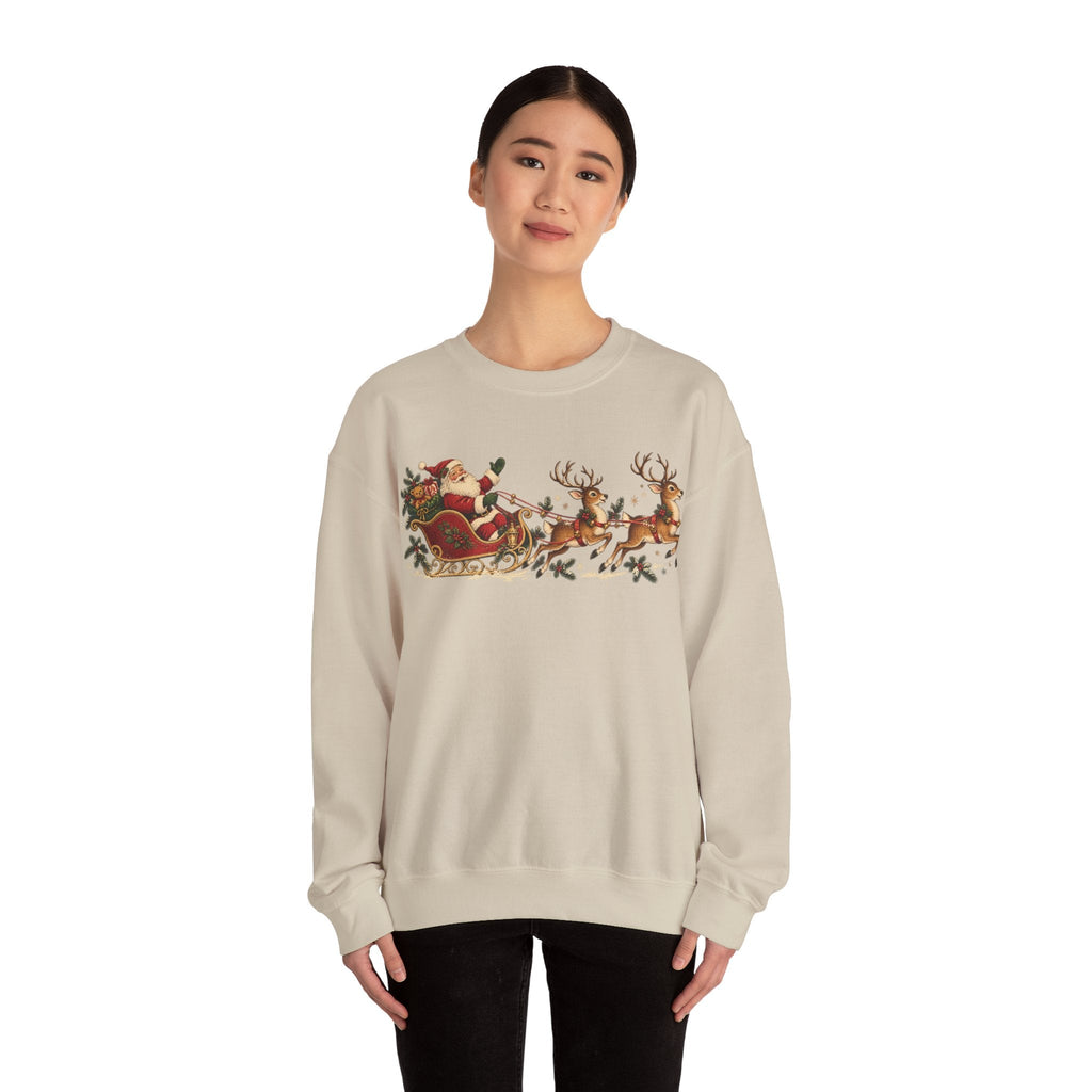 Wicked Thread Society sand-colored crewneck sweatshirt featuring a vintage Santa sleigh and reindeer holiday print.