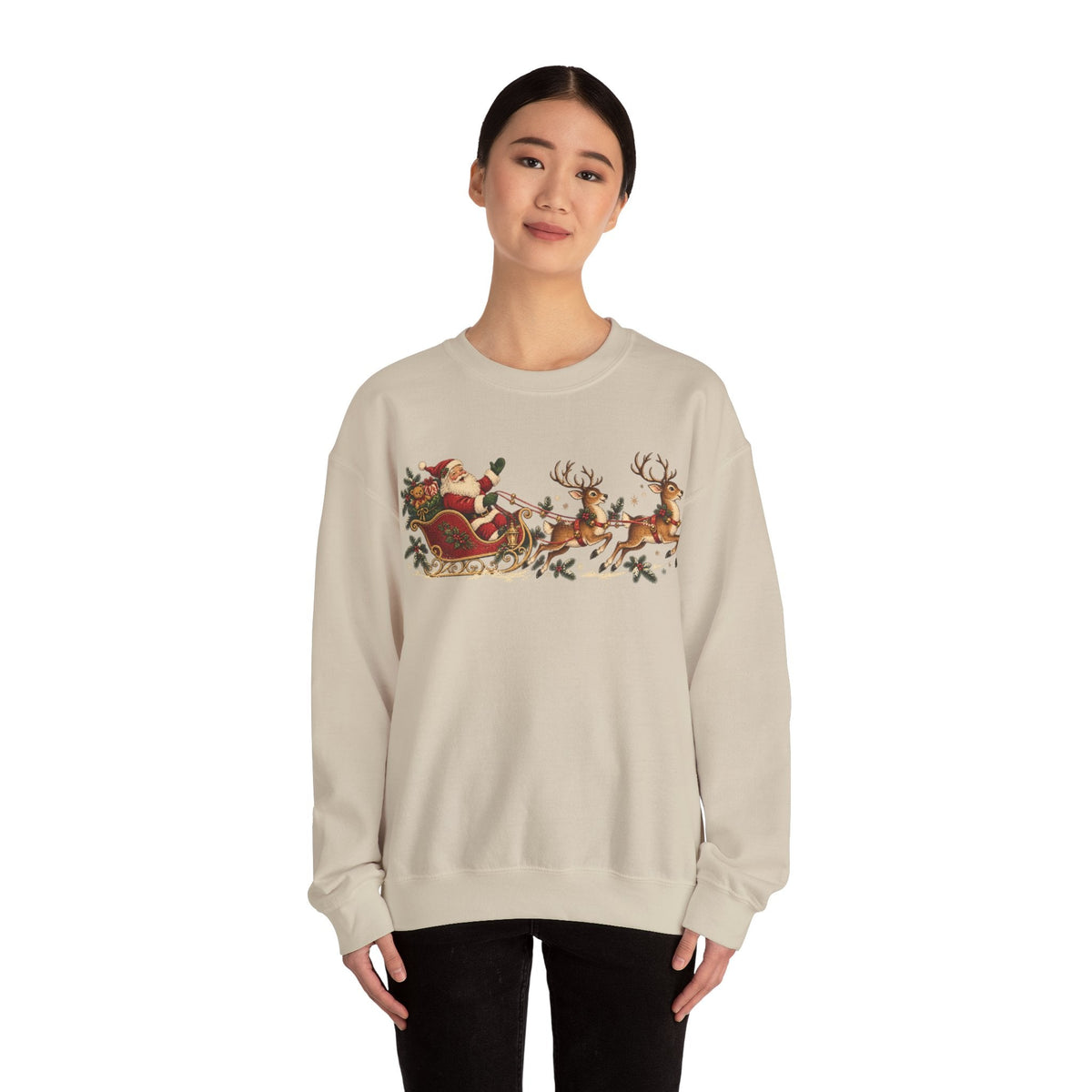 Wicked Thread Society sand-colored crewneck sweatshirt featuring a vintage Santa sleigh and reindeer holiday print.