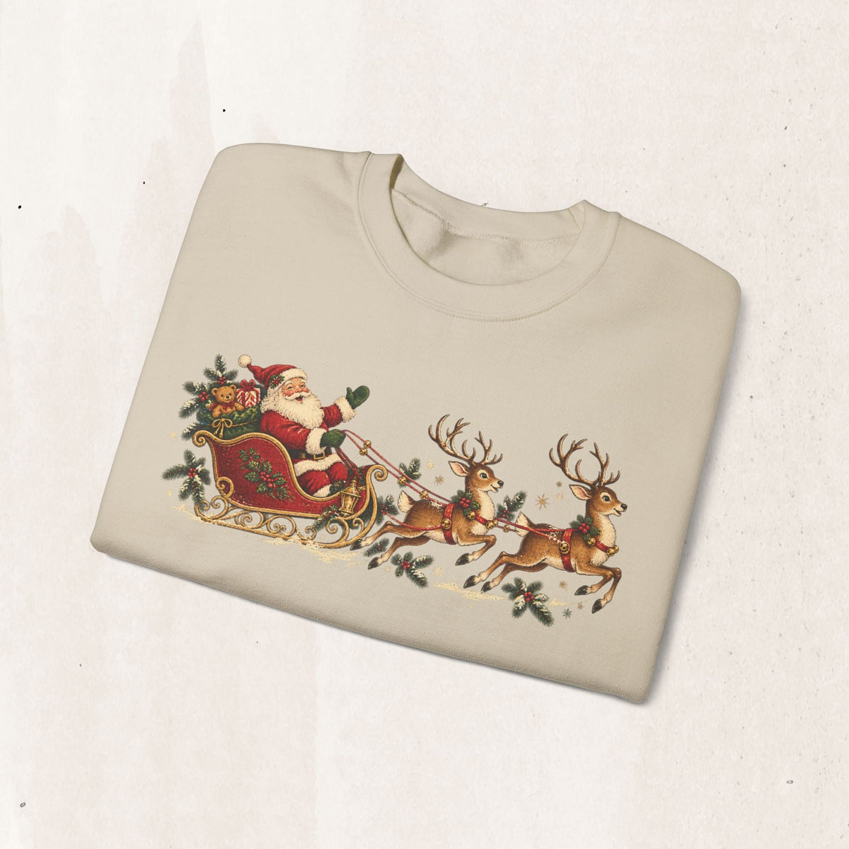 Wicked Thread Society beige crewneck sweatshirt featuring a vintage-style Santa in a sleigh with reindeer print.