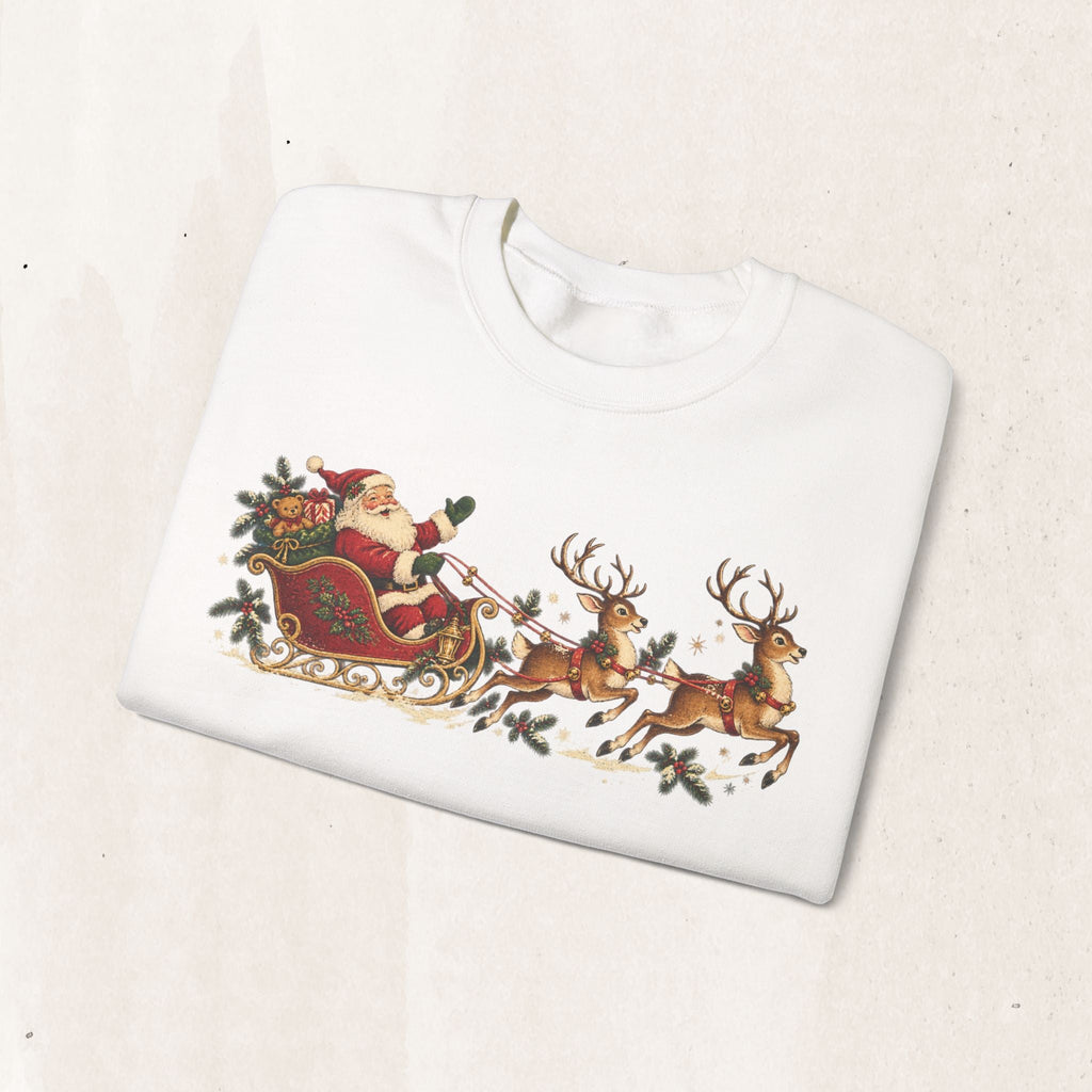 Wicked Thread Society white crewneck sweatshirt featuring a vintage-style Santa in a sleigh with reindeer print.