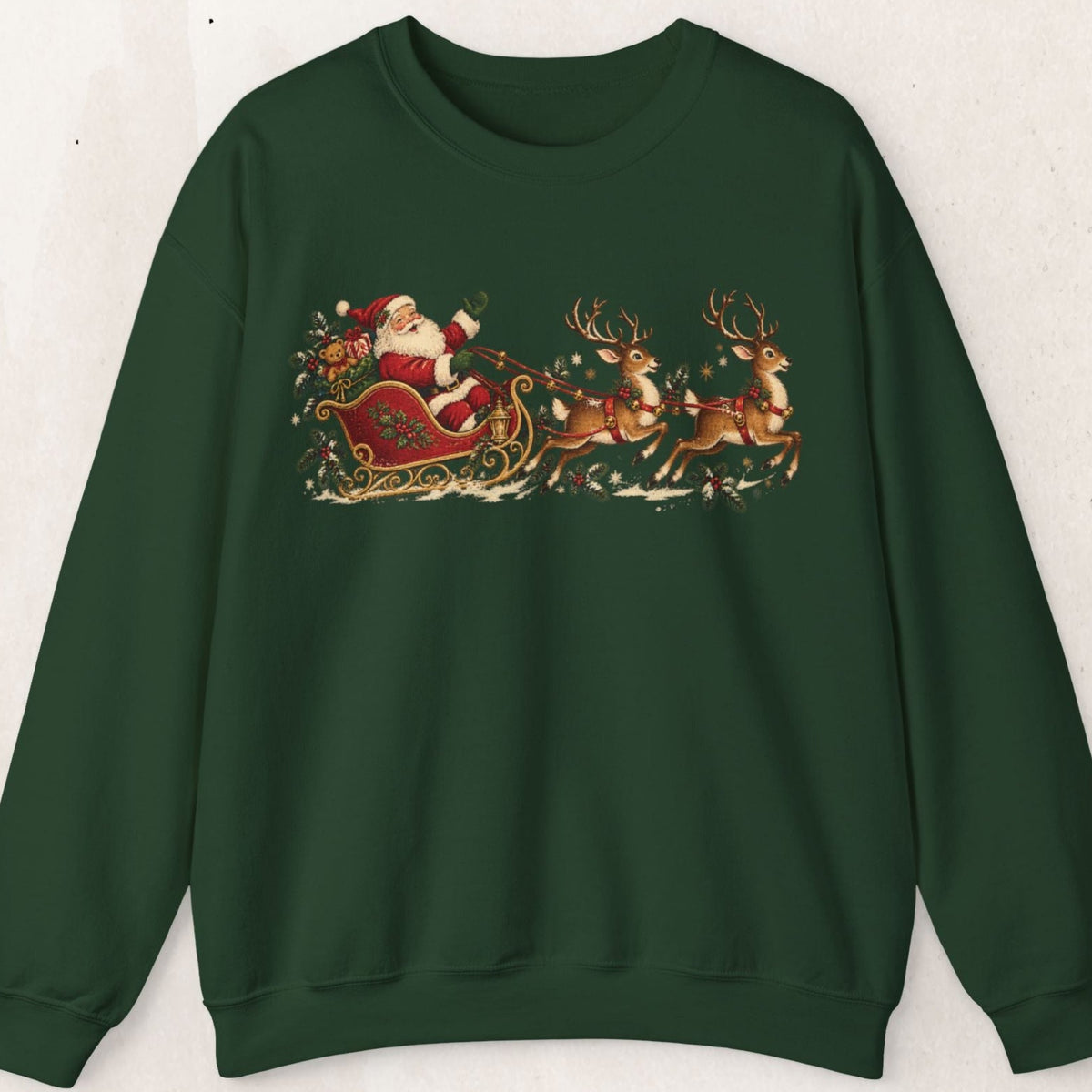 Wicked Thread Society dark green crewneck sweatshirt featuring a vintage-style Santa in a sleigh with reindeer print