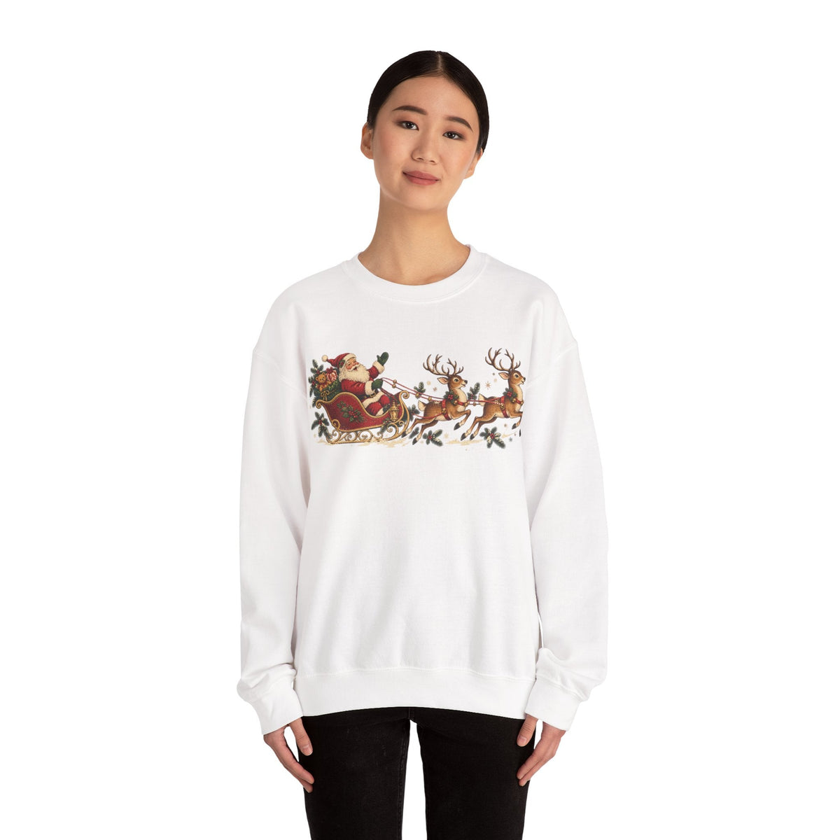 Wicked Thread Society white crewneck sweatshirt featuring a vintage Santa and reindeer sleigh print on the chest.