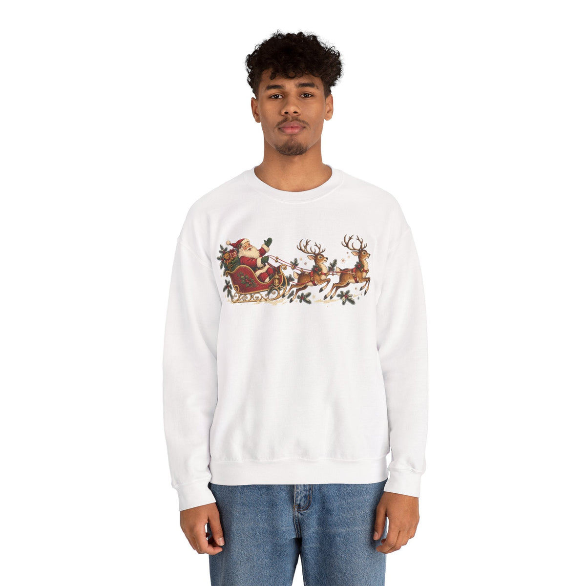Wicked Thread Society white crewneck sweatshirt featuring a vintage Santa and reindeer sleigh holiday print.