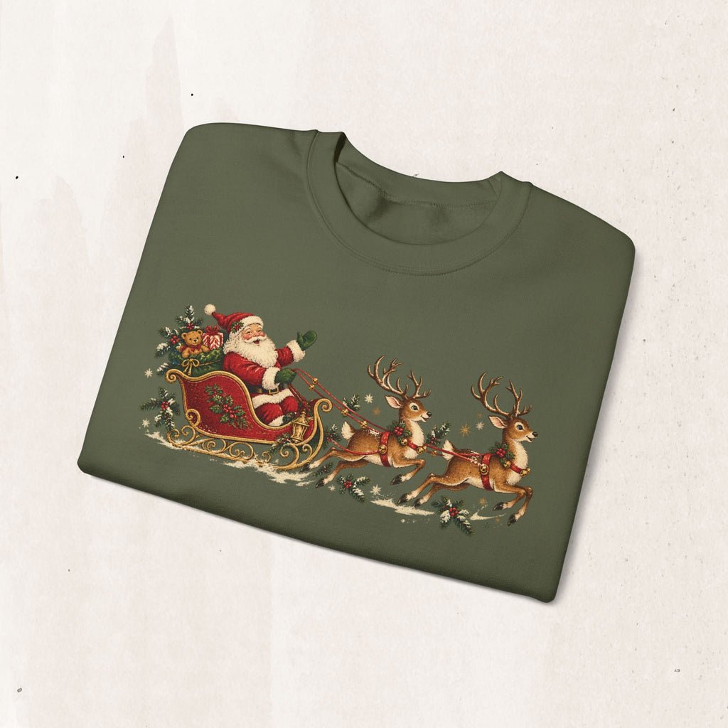 Wicked Thread Society olive green crewneck sweatshirt featuring a vintage Santa in a sleigh with reindeer print.